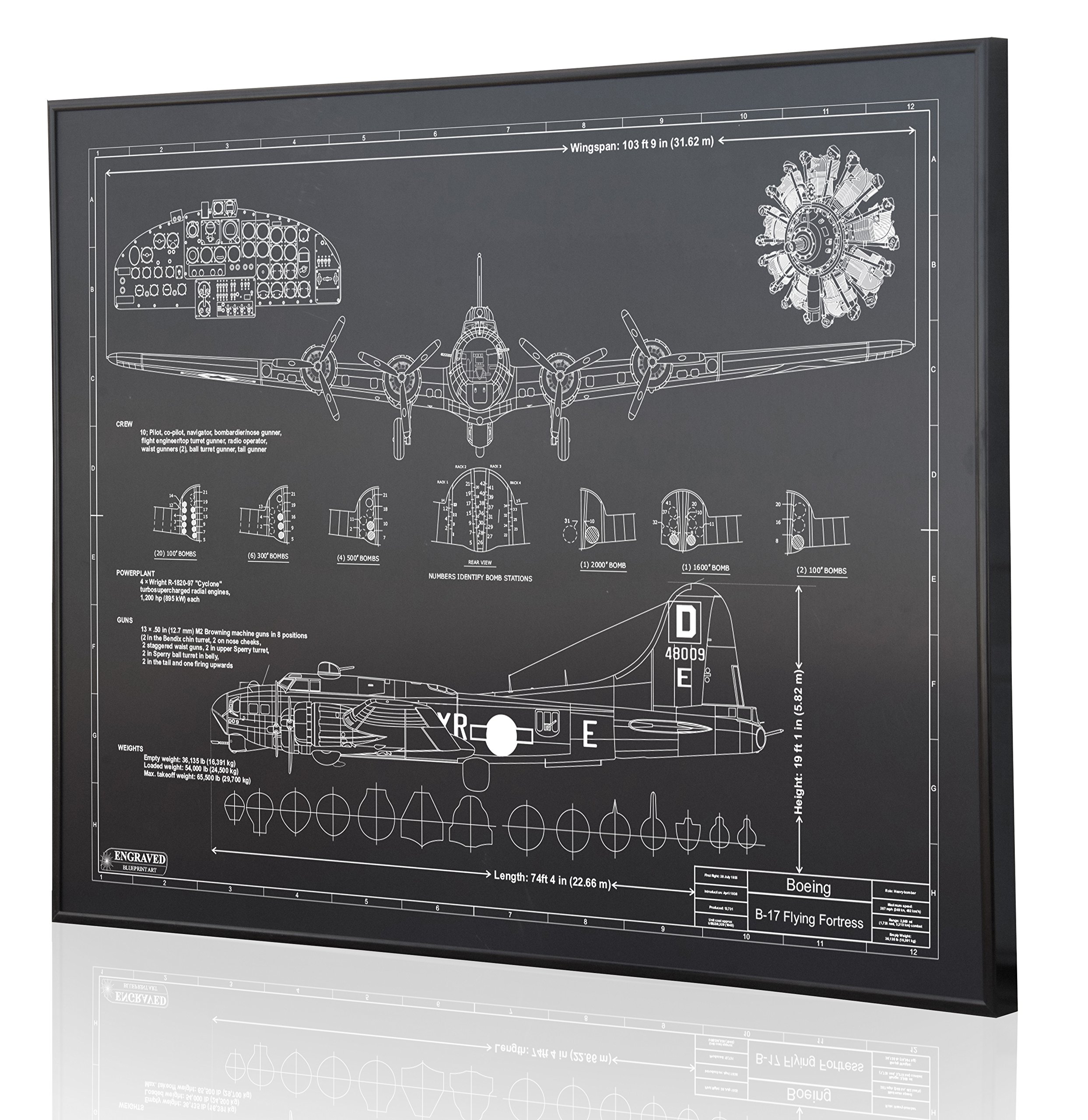 Authentic Boeing B-17 Flying Fortress Blueprint Art - Laser Engraved Custom Aviation Decor - Perfect Pilot Gift for Home Office & Man Cave