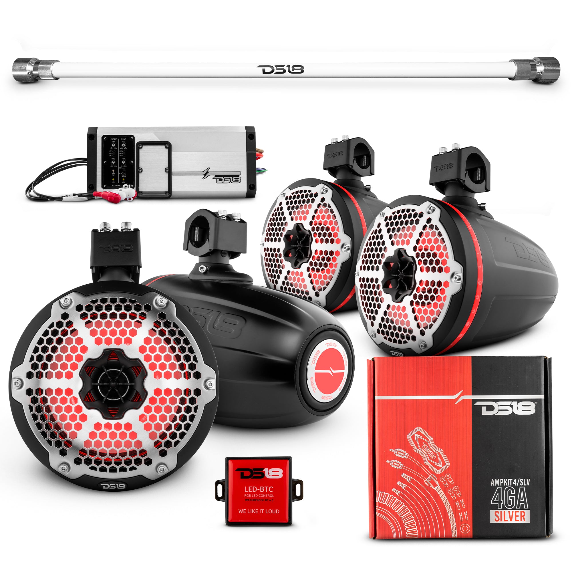 4x8 Inch Marine Tower Speakers with RGB LED Lights - 4 Channel Marine Amplifier & AMPKIT Bundle for Boats, Trucks & Pickups | Waterproof Audio System for Outdoor Parties, Poolside Entertainment & Off-Road Adventures