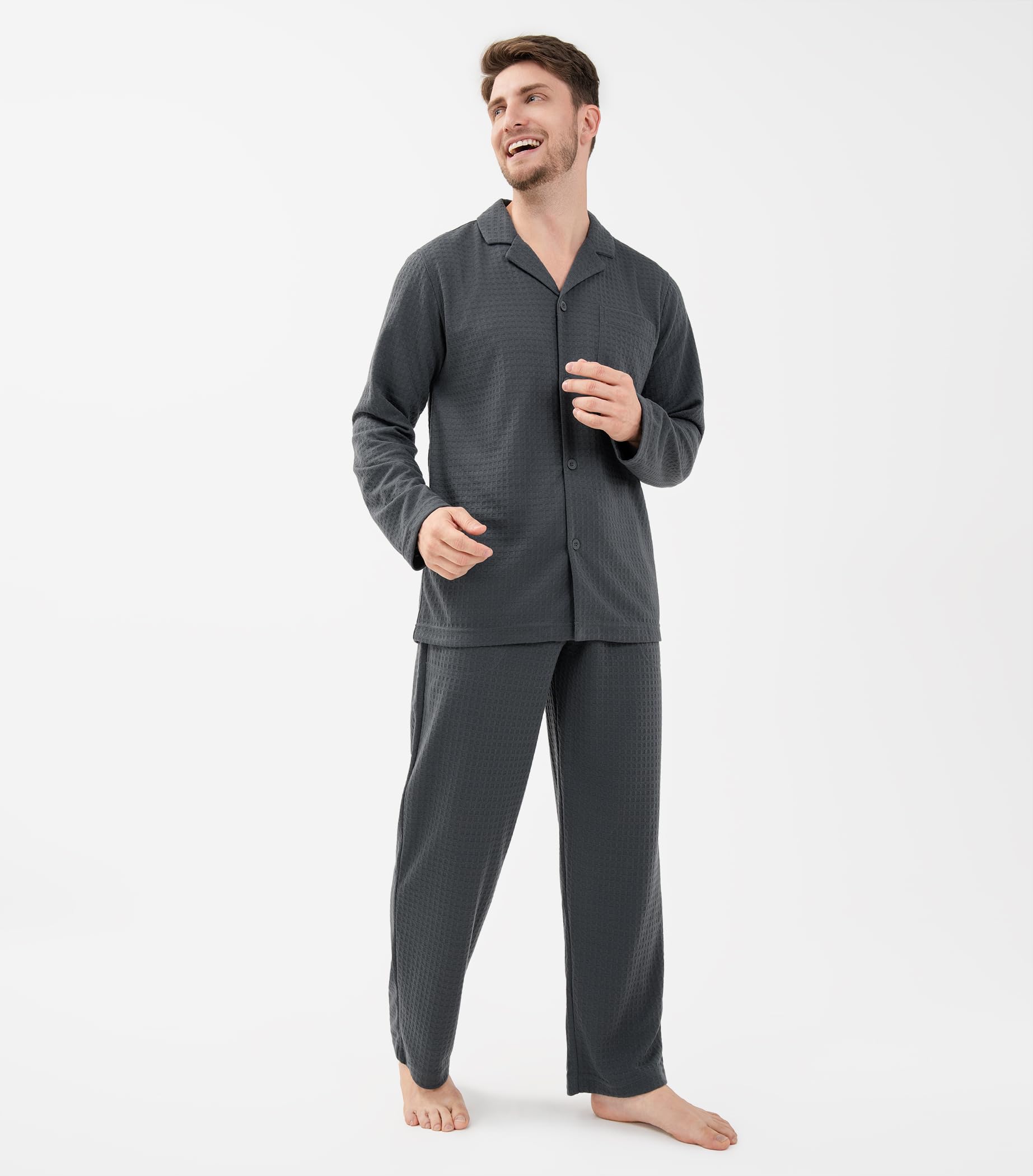 DAVID ARCHY Men's Waffle Knit Pajama Set - Soft & Warm Sleepwear with Notched Collar & Roomy Pockets - Cozy Loungewear for Winter Nights, Relaxing at Home & Gift Giving