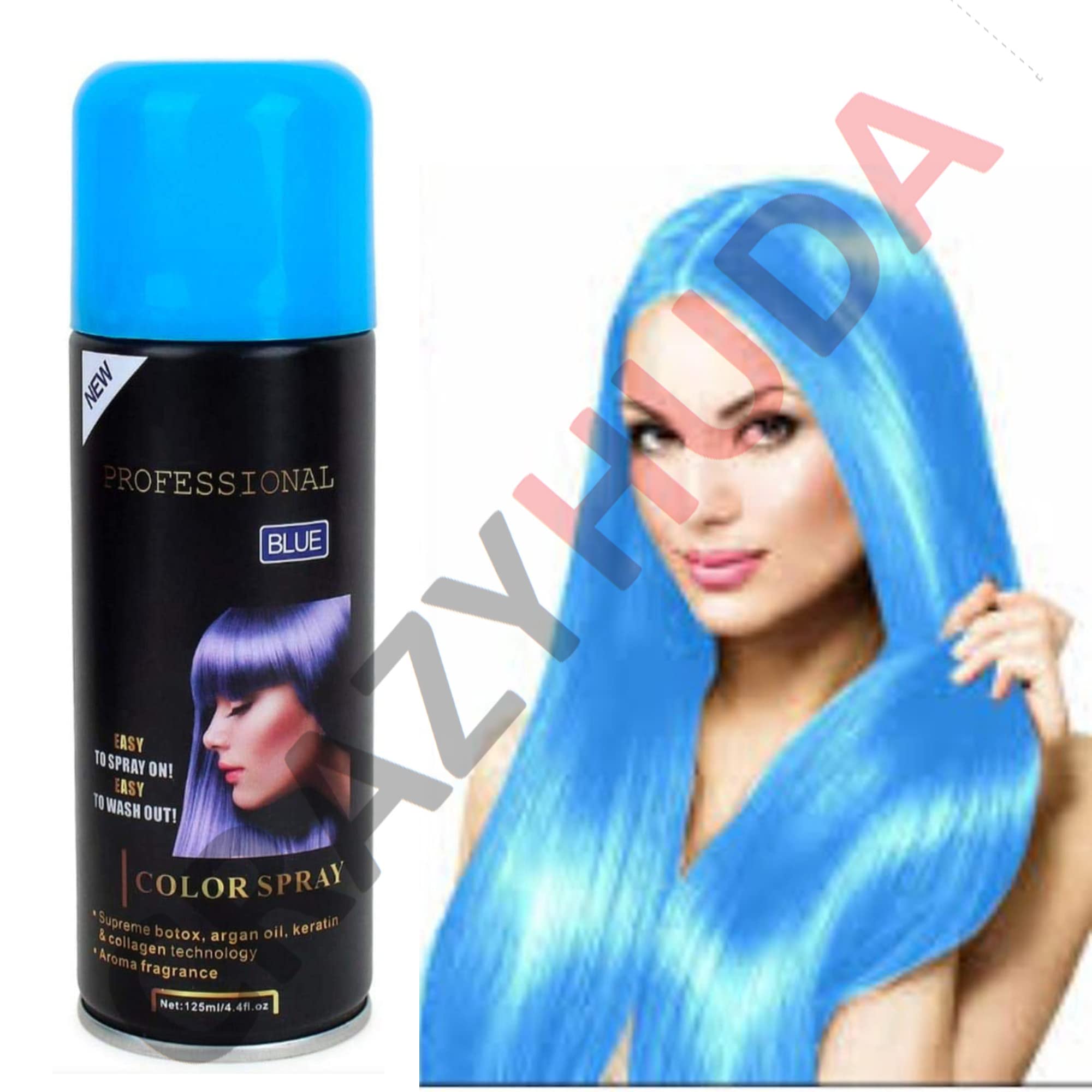 Huda Professional Blue Hair Spray with Botox, Argan Oil, Keratin & Collagen - Long-Lasting Color & Nourishment (125ml) - Easy Spray & Wash Out - Perfect for Vibrant Hair Transformations & Special Occasions