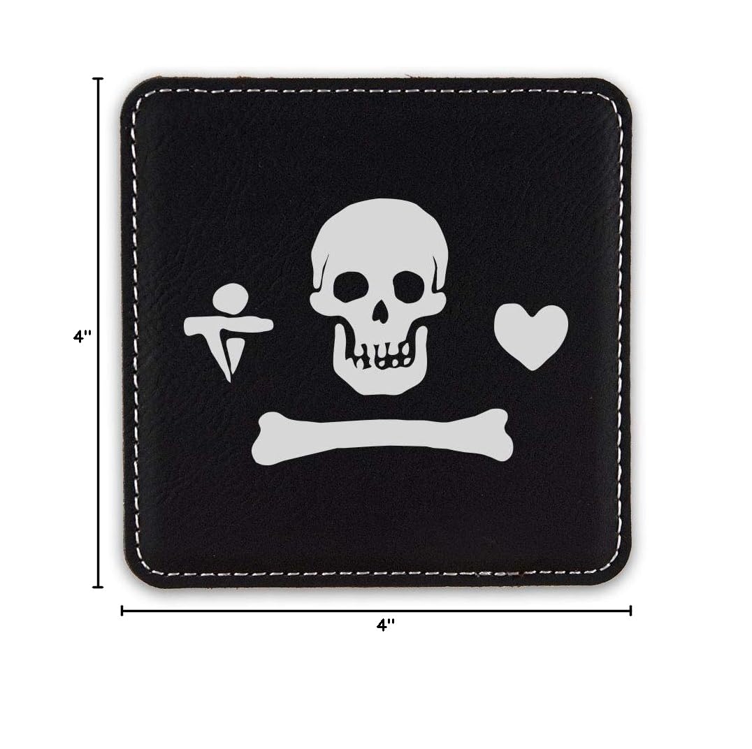 Jolly Roger Stede Bonnet Pirate Drink Coasters - Premium Leatherette Set of 6 - Black & Silver Bar Coasters for Beer, Wine & Cocktails - Perfect for Home Bars, Man Caves & Pirate Themed Parties