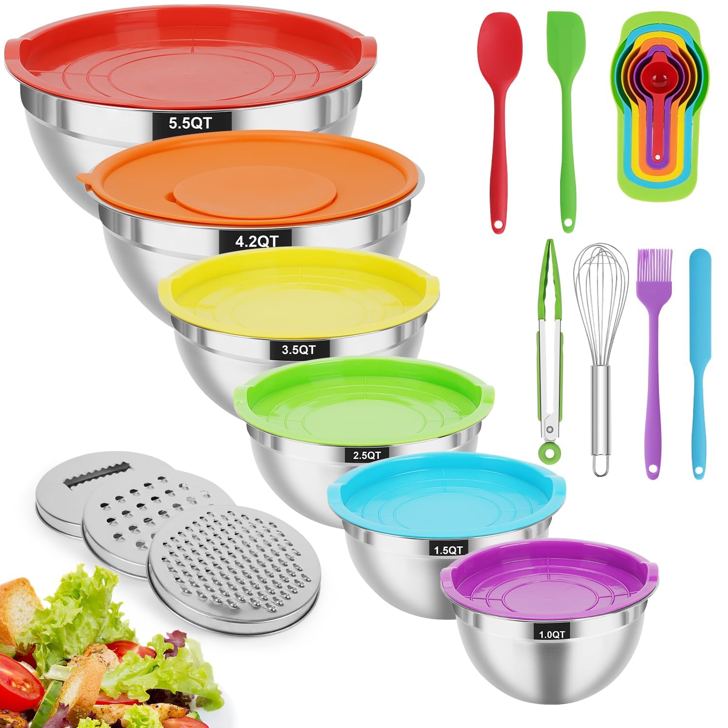 Premium Stainless Steel Mixing Bowls Set with Airtight Lids (5.5QT,4.2QT,3.5QT,2.5QT,1.5QT,1QT) - 21-Piece Nesting Kitchen Bowls for Baking, Cooking & Food Prep - Includes 3 Grater Attachments & Colorful Lids - Perfect for Meal Prep, Mixing Ingredients & Storing Leftovers