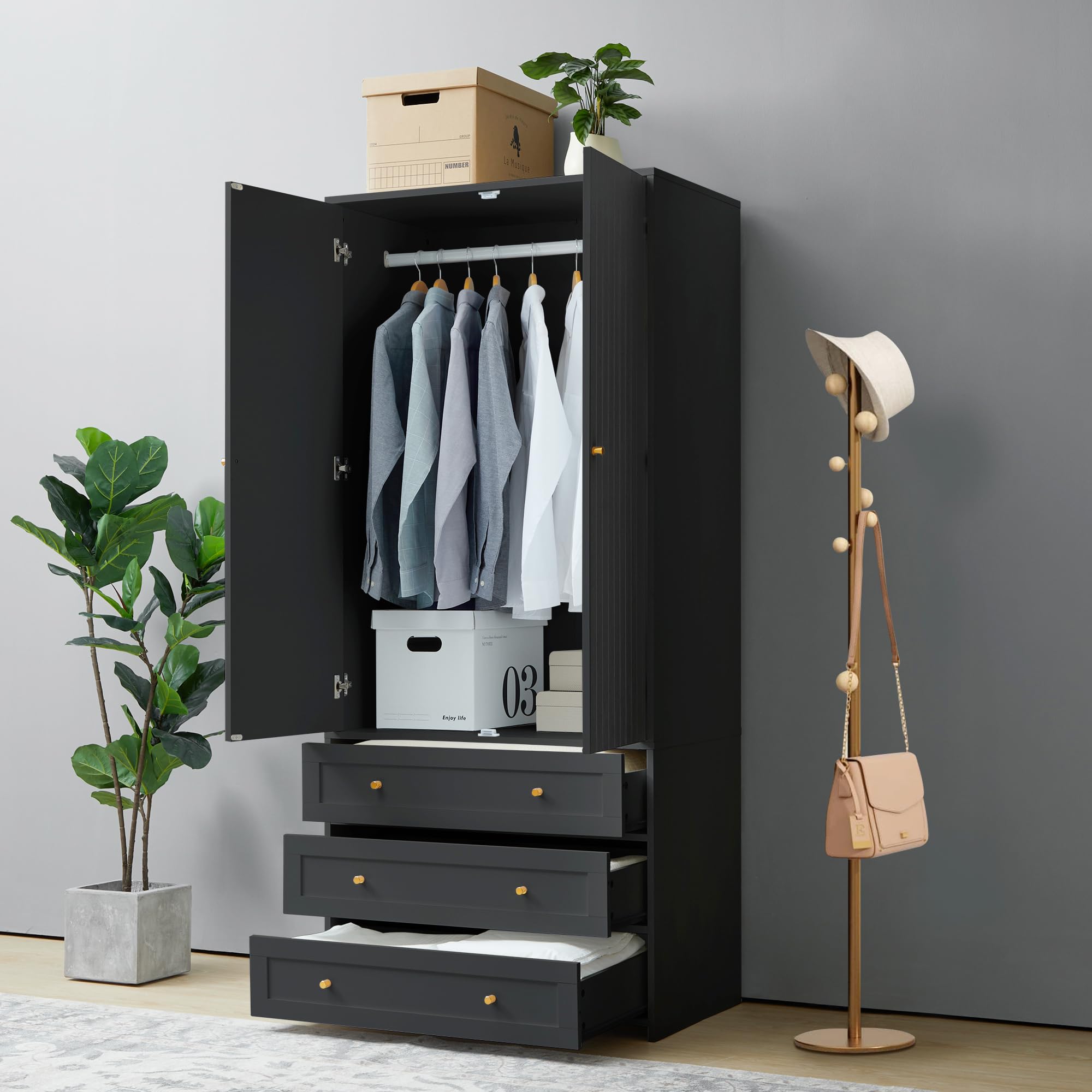 LEVNARY 2-Door Wardrobe Cabinet with 3 Drawers & Hanging Rod - Modern Freestanding Closet Organizer for Bedroom, Armoire Storage (Black) | Perfect for Small Spaces, Guest Rooms & Apartment Clothing Organization