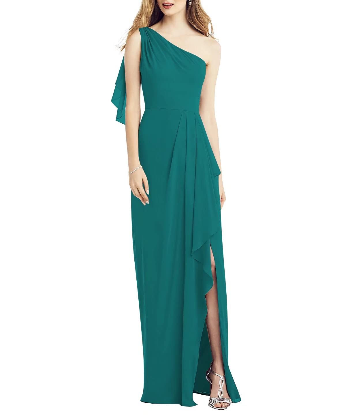 Elegant A-Line One Shoulder Bridesmaid Dress - Sleeveless Floor Length Formal Gown with Front Slit & Ruffle Detail - Perfect for Weddings, Prom, Evening Parties & Special Occasions