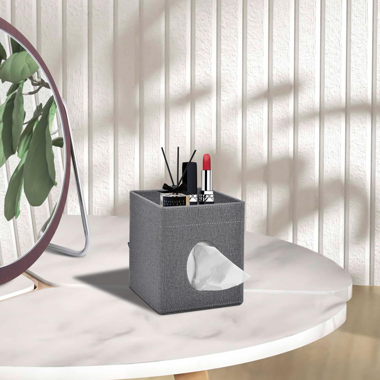 PU Leather Square Tissue Box Cover with Storage Tray - Kleenex Holder Organizer for Bathroom Vanity, Bedroom, Office & Car | Stylish Decorative Napkin Caddy (Grey) | Perfect for Home Decor & Gift Giving