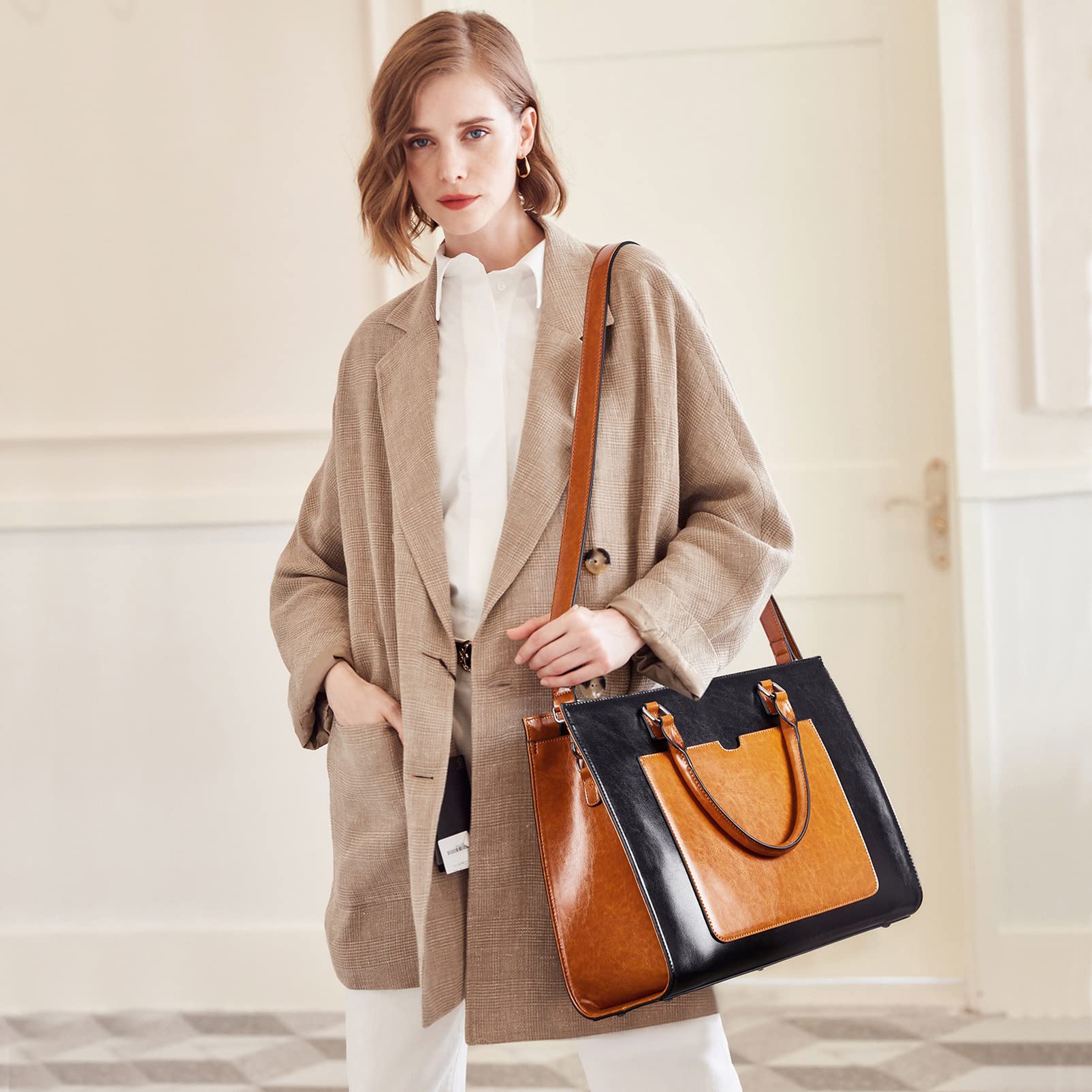 Telena 15.6 Inch Leather Laptop Tote Bag for Women - Stylish Shoulder Briefcase with Large Capacity - Perfect for Work, Business Meetings & Travel