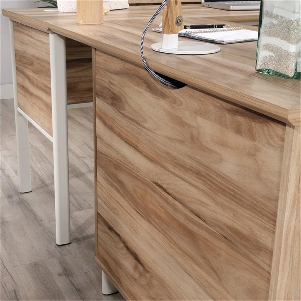 Pemberly Row Engineered Wood L-Shape Desk in Kiln Acacia Brown - Modern Home Office Desk for Small Spaces, Gaming & Study - Sturdy Workstation with Storage Shelf