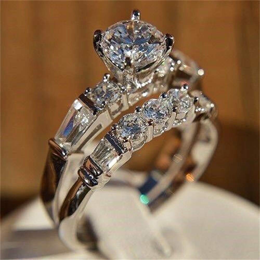 925 Sterling Silver Cubic Zirconia Ring Set - 2PC Shiny CZ Three Stone Eternity Band for Women | Wedding, Engagement, Anniversary Gift Jewelry | Perfect for Bridal Party, Date Night & Special Occasions