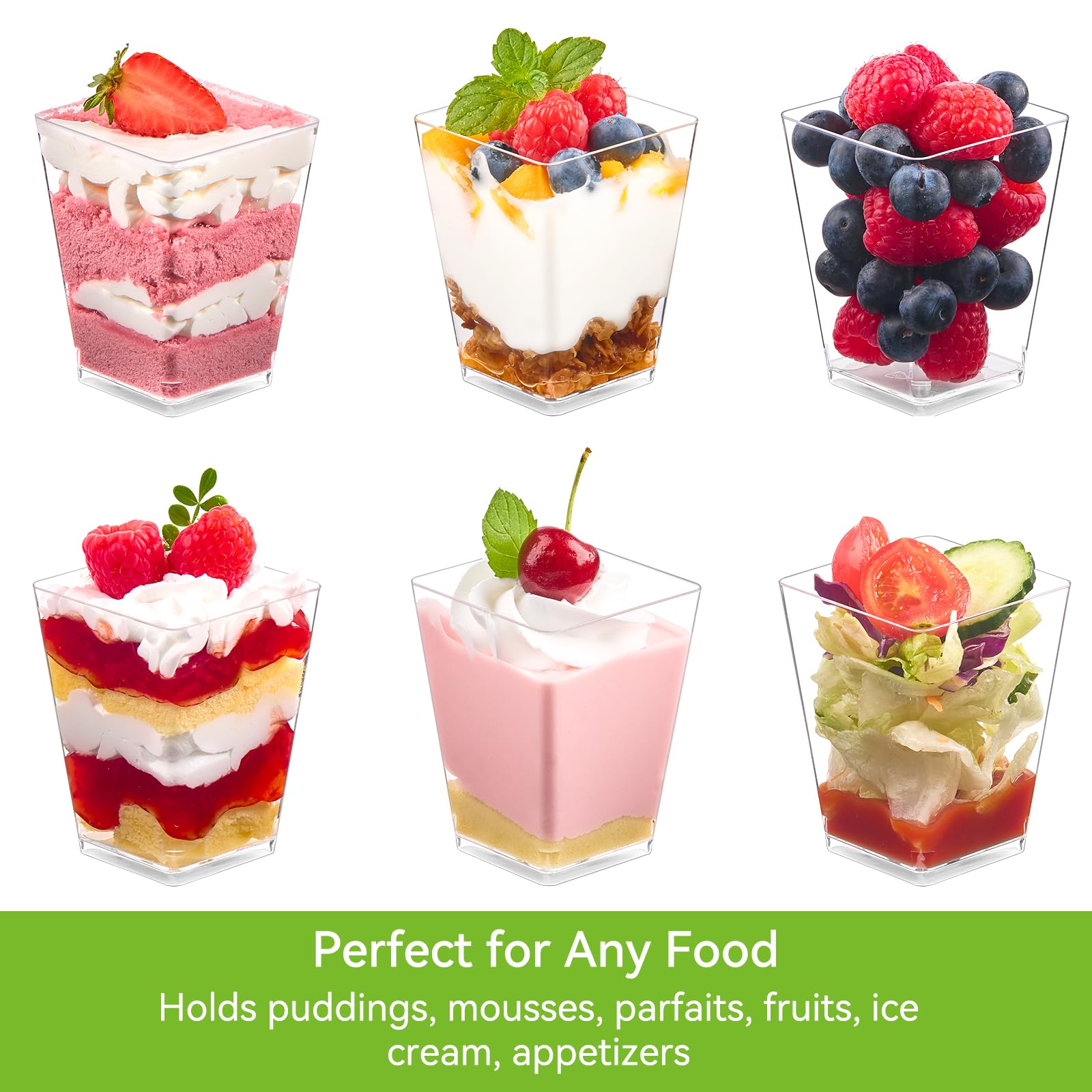 Kucoele 25 Pack 5oz Mini Dessert Cups with Spoons - Clear Square Plastic Yogurt Parfait Containers for Pudding, Ice Cream, Fruit, Mousse & Appetizers | Perfect for Parties, Catering & Home Dessert Serving
