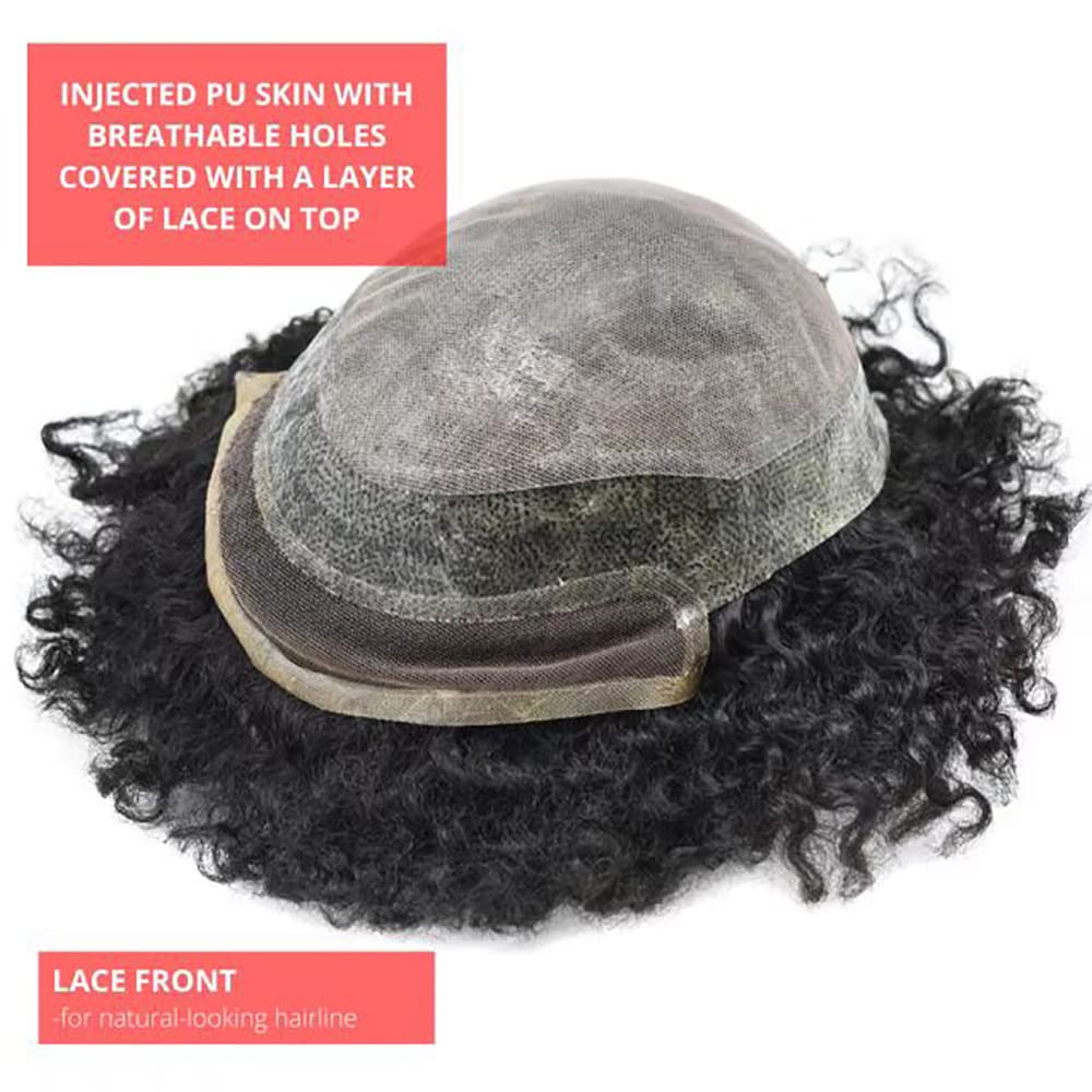 100% Human Hair Afro Toupee for Black Men - Kinky Curly Man Weave Hair System - African American Hairpiece (AFRO-PU-B 8
