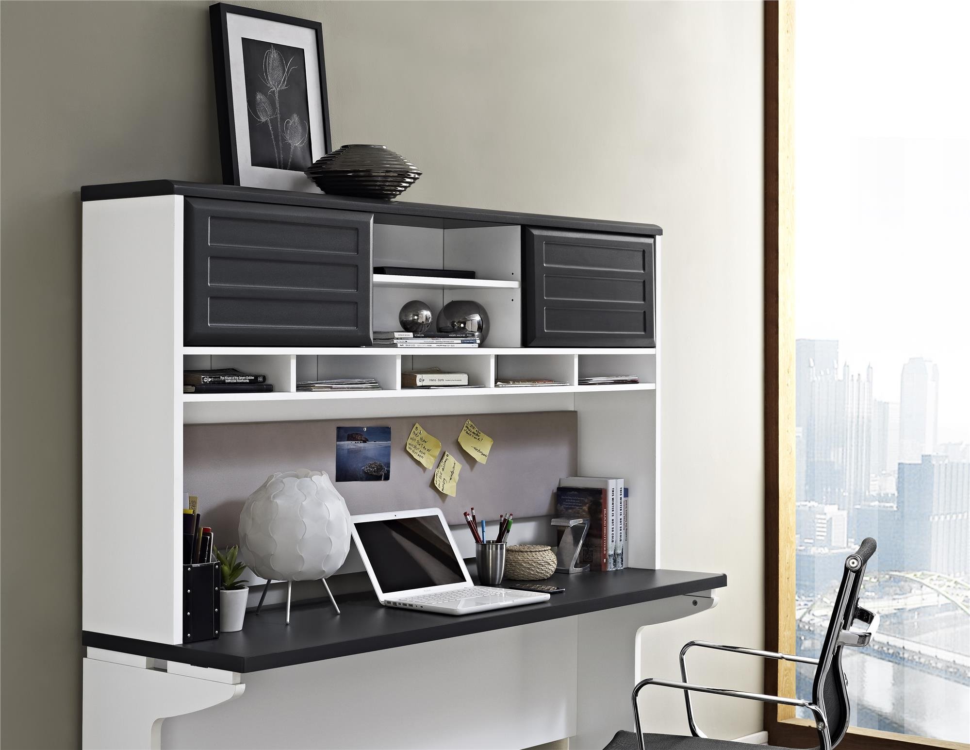 Ameriwood Home Pursuit Hutch Desk with Storage, Gray - Perfect for Home Office, Study Room & Small Spaces Organization