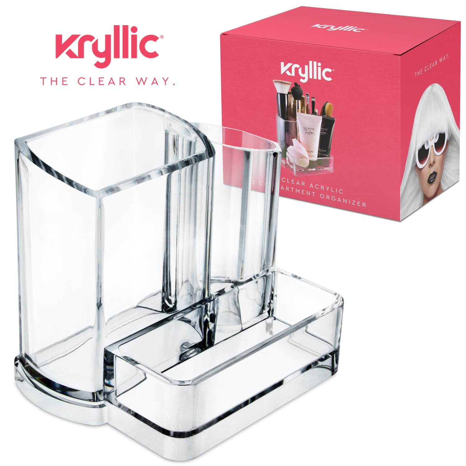 Clear 3-Compartment Bathroom & Office Organizer - Toothbrush Holder, Soap Dispenser, Makeup Brush & Lipstick Storage | Perfect for Vanity, Countertop, and Sink Organization