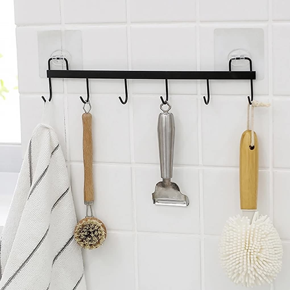 6 Hooks Wall Mount Coat Rack - Heavy Duty Entryway Organizer for Hats, Coats, Towels & Kitchen Utensils | Space Saving Door Hook Hanger for Bedroom, Bathroom & Closet (Black)