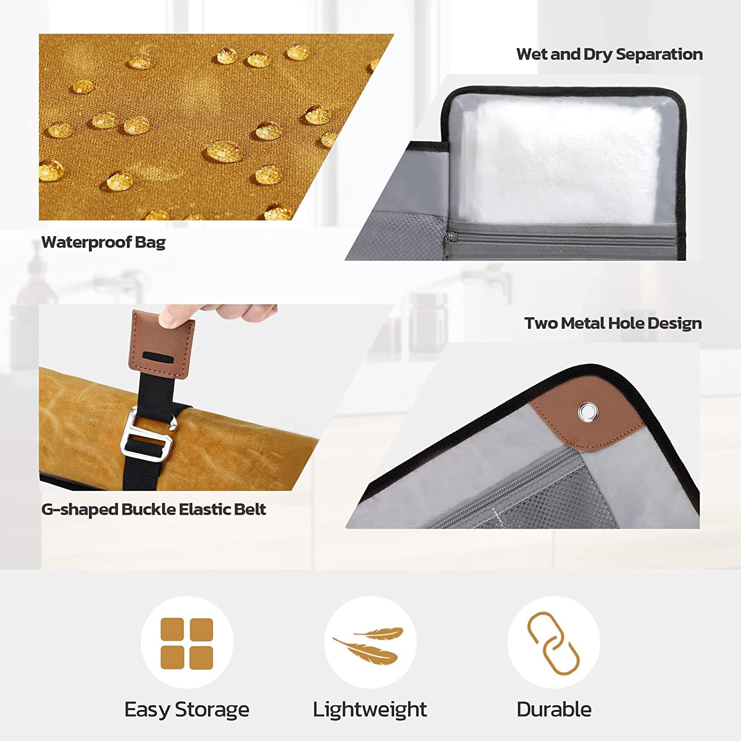 Men's Water-Resistant Waxed Canvas Toiletry Bag - Travel Dopp Kit & Bathroom Roll Organizer for Shaving, Hygiene Essentials (Khaki Yellow) - Perfect for Camping, Gym & Business Trips