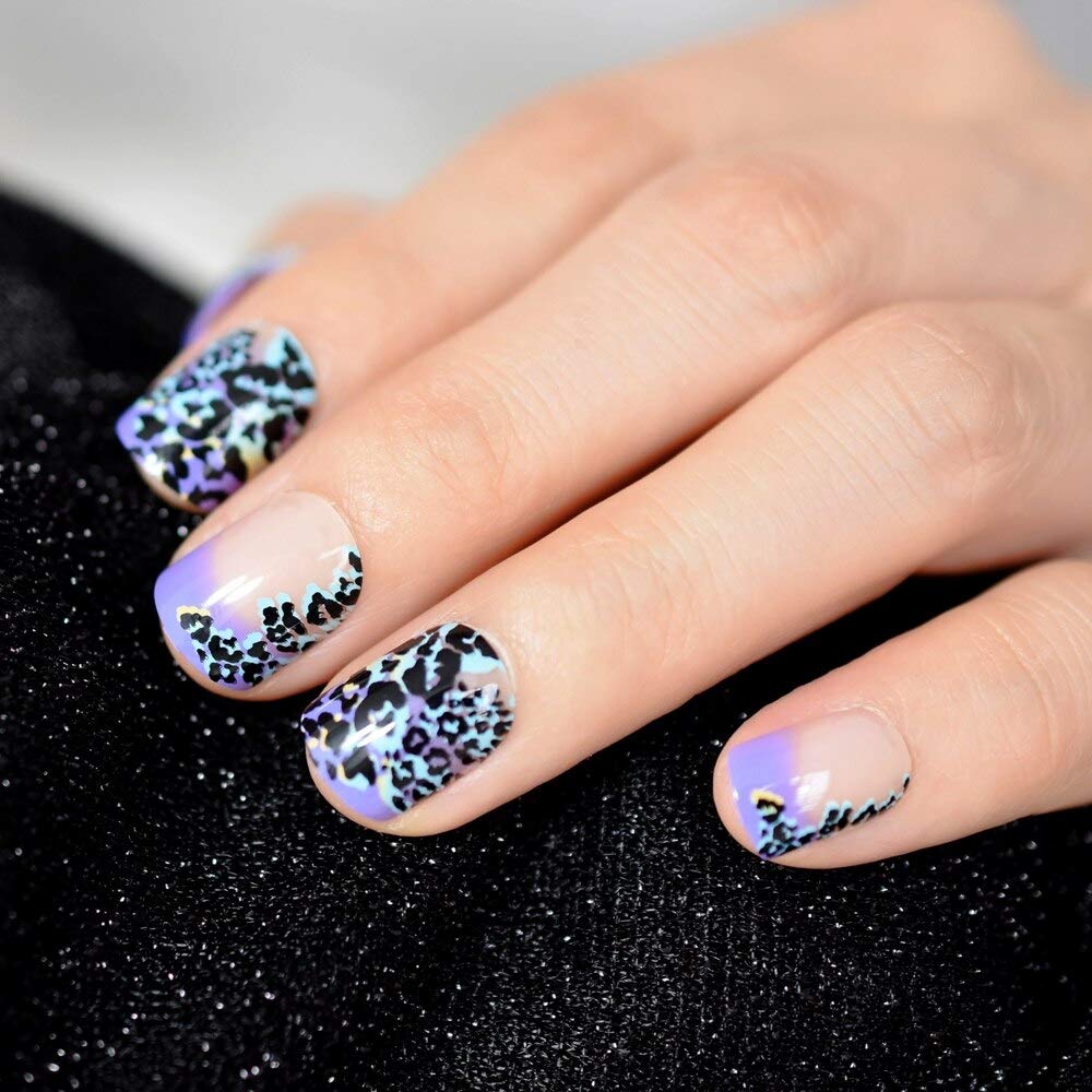Natural Nude Purple French Press on Nails - Leopard Print Fake Nails for Daily Office Wear & Manicure | Easy to Apply False Nails for Work, Parties & Special Occasions