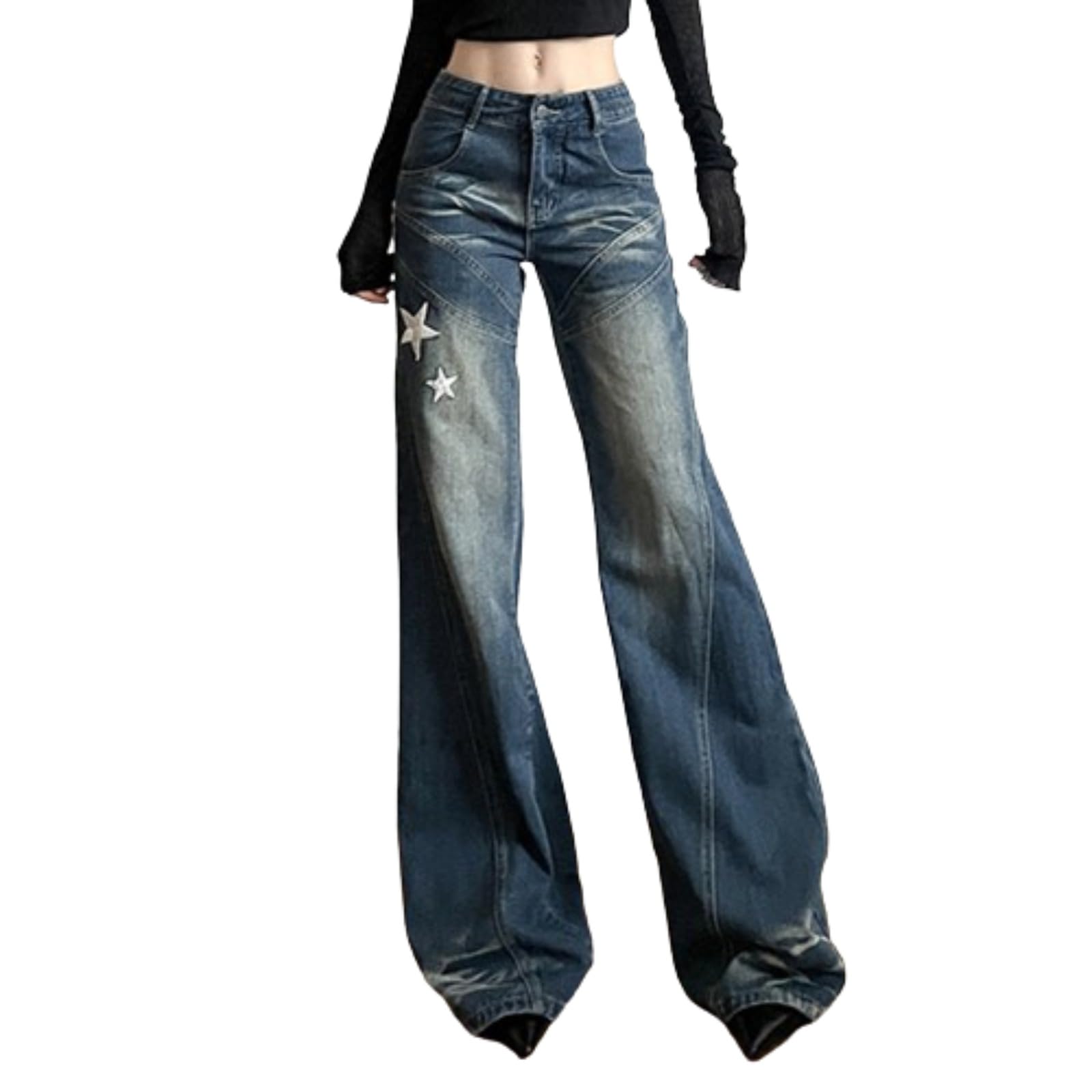 Women's Low Rise Flared Jeans - Vintage Washed Y2K Denim Pants with Star Embroidery | Perfect for Casual Outfits, Streetwear Fashion & Retro Style