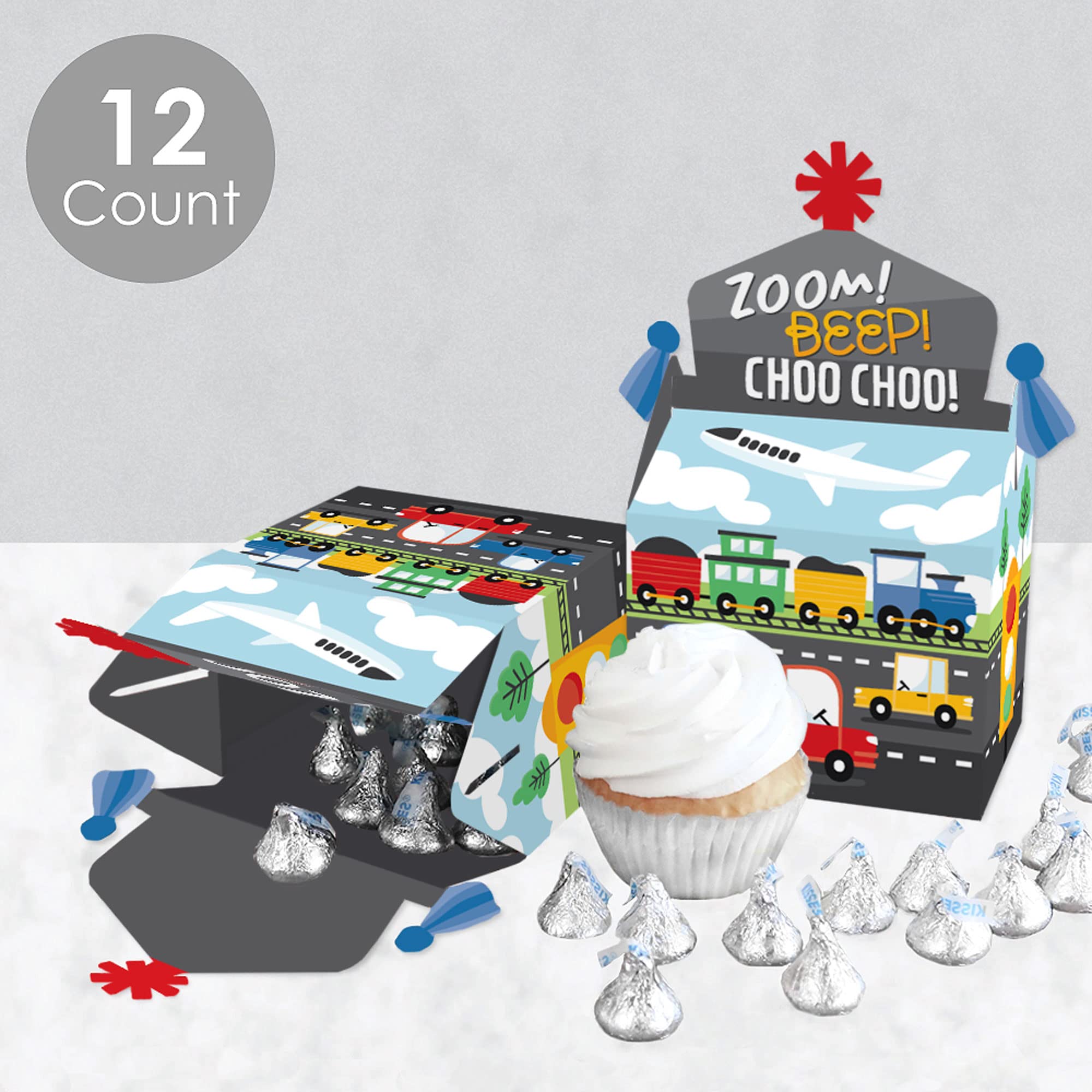 Big Dot of Happiness Transportation Party Favors - 12-Pack Cars, Trains & Airplanes Themed Treat Boxes for Kids Birthday Parties, Baby Showers & School Events