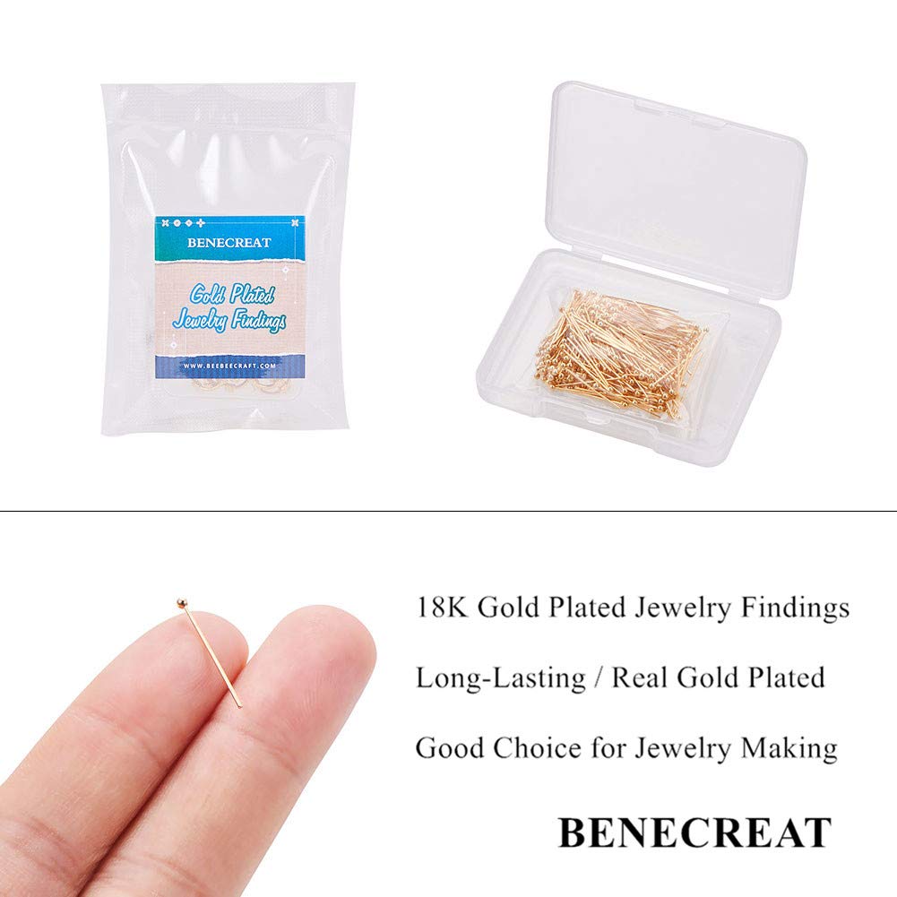 BENECREAT 300PCS 18K Real Gold Plated Jewelry Ball Pins - 22 Gauge 20mm (0.8
