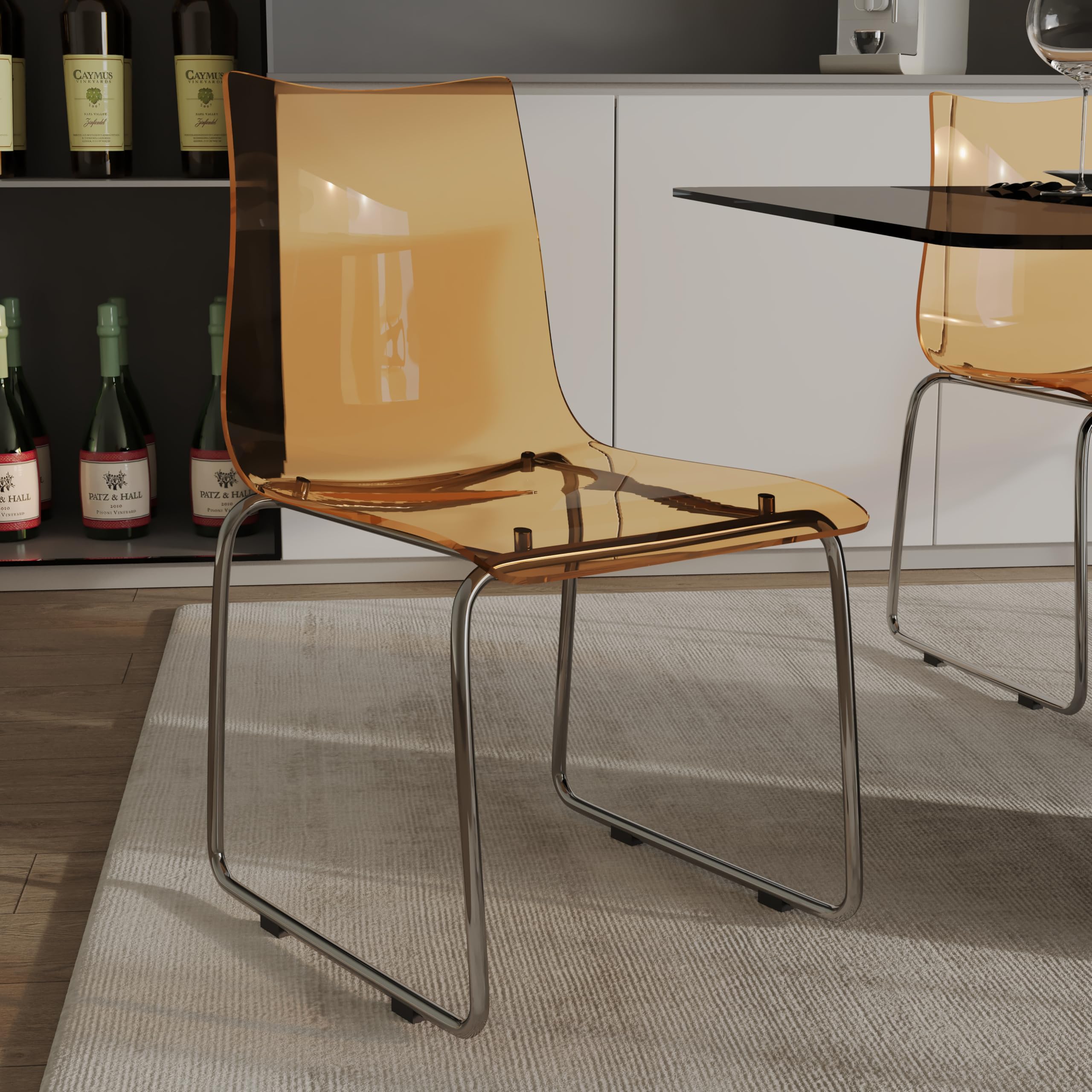 LeisureMod Lima Mid-Century Modern Acrylic Chrome Finish Steel Frame Stackable Accent Side Chairs - Set of 4 Amber - Perfect for Kitchen, Dining Room, Office or Outdoor Patio Seating