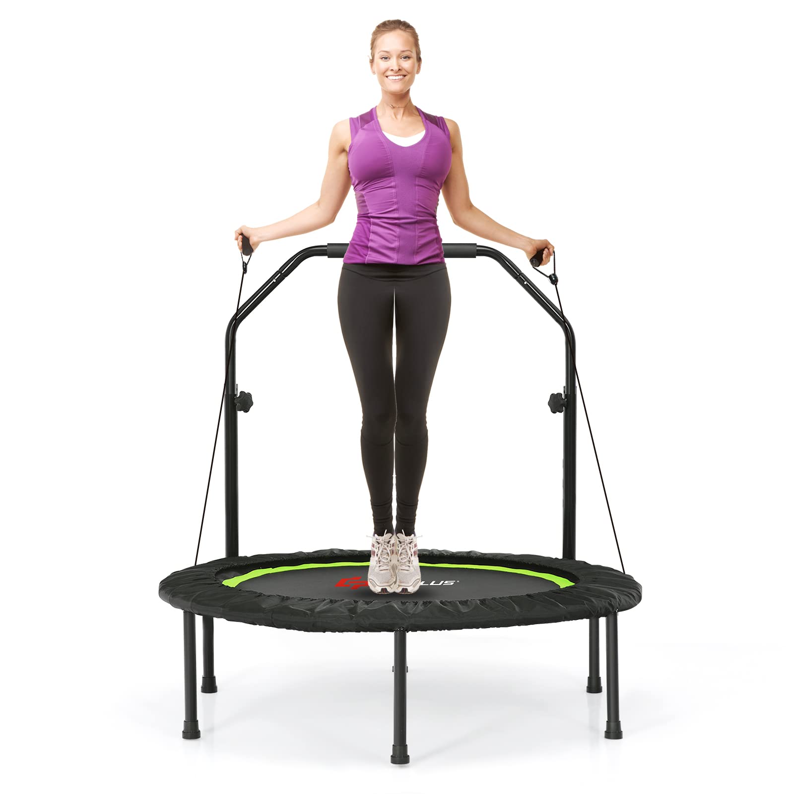 Goplus 40” Folding Fitness Trampoline with Safety Handrail - Adjustable 4-Level Height, Includes 2 Resistance Bands - Portable Mini Exercise Rebounder for Indoor & Outdoor Workouts - Perfect for Home Gym, Cardio Training, Weight Loss, and Family Fitness Activities