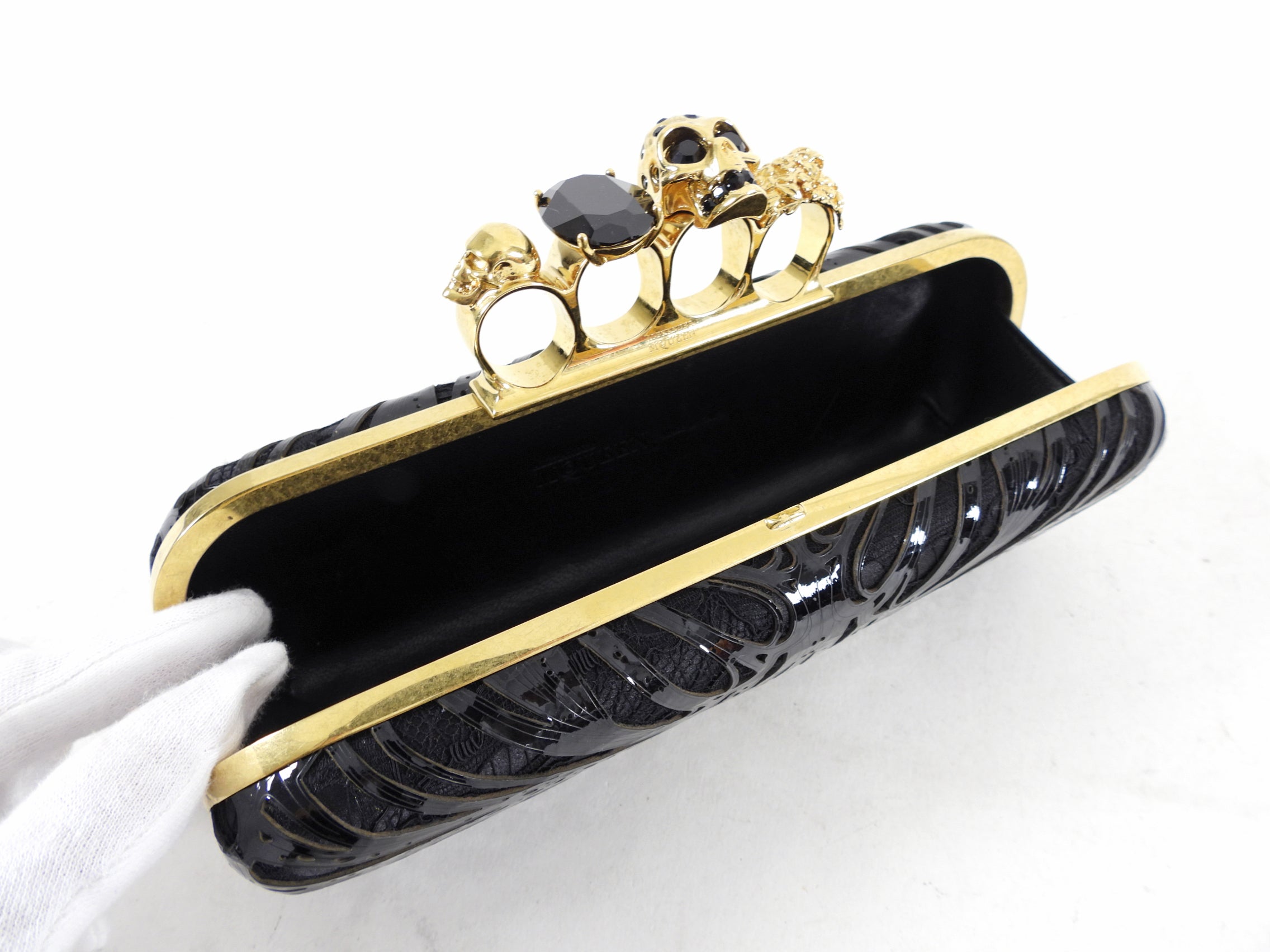 Alexander McQueen Black Patent Leather & Lace Knuckle Duster Clutch Bag - Elegant Evening Purse for Parties, Weddings & Special Occasions