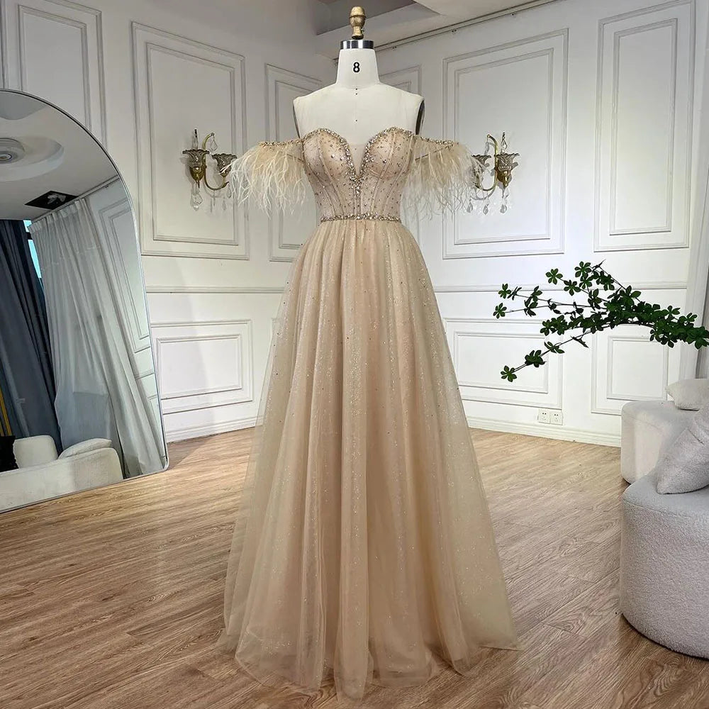 Elegant Lilac Feather Beaded A-Line Evening Gown for Women | Luxury Dubai Arabic Style Long Party Dress | Perfect for Weddings, Galas & Formal Events - LA72326