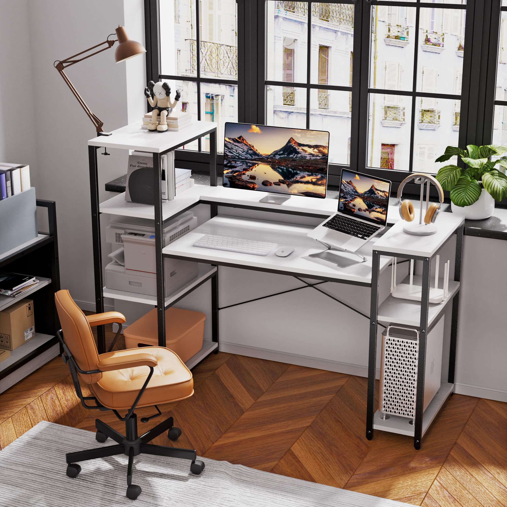 63 Inch White Computer Desk with Storage Shelves & Bookshelf - Home Office Desk for Study, Writing, PC Work, Gaming - Perfect for Small Spaces, Dorm Rooms & Workstations