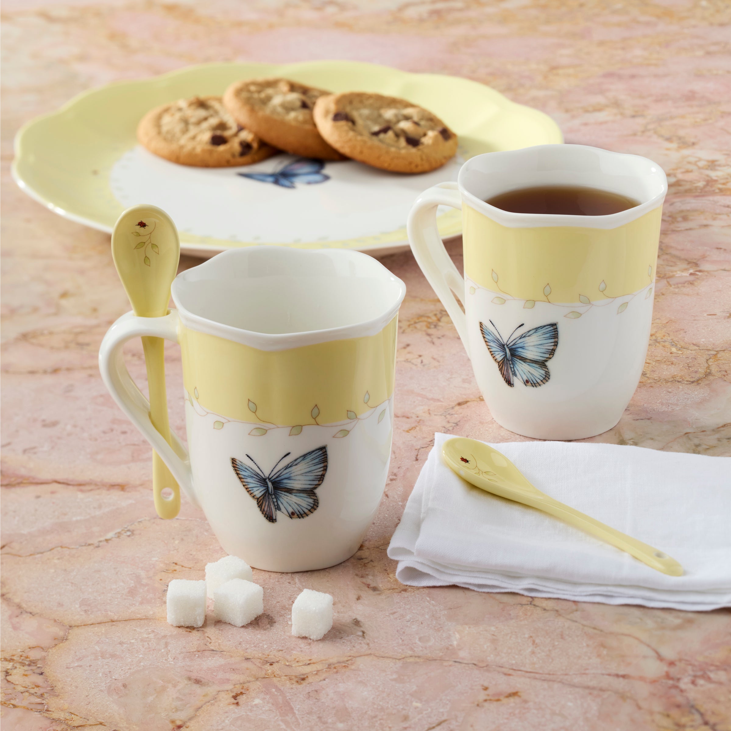 Butterfly Meadow Yellow Coffee Mugs with Spoons - Set of 2 Ceramic Cups for Tea, Hot Chocolate & Breakfast - Perfect for Home, Office & Gift Giving