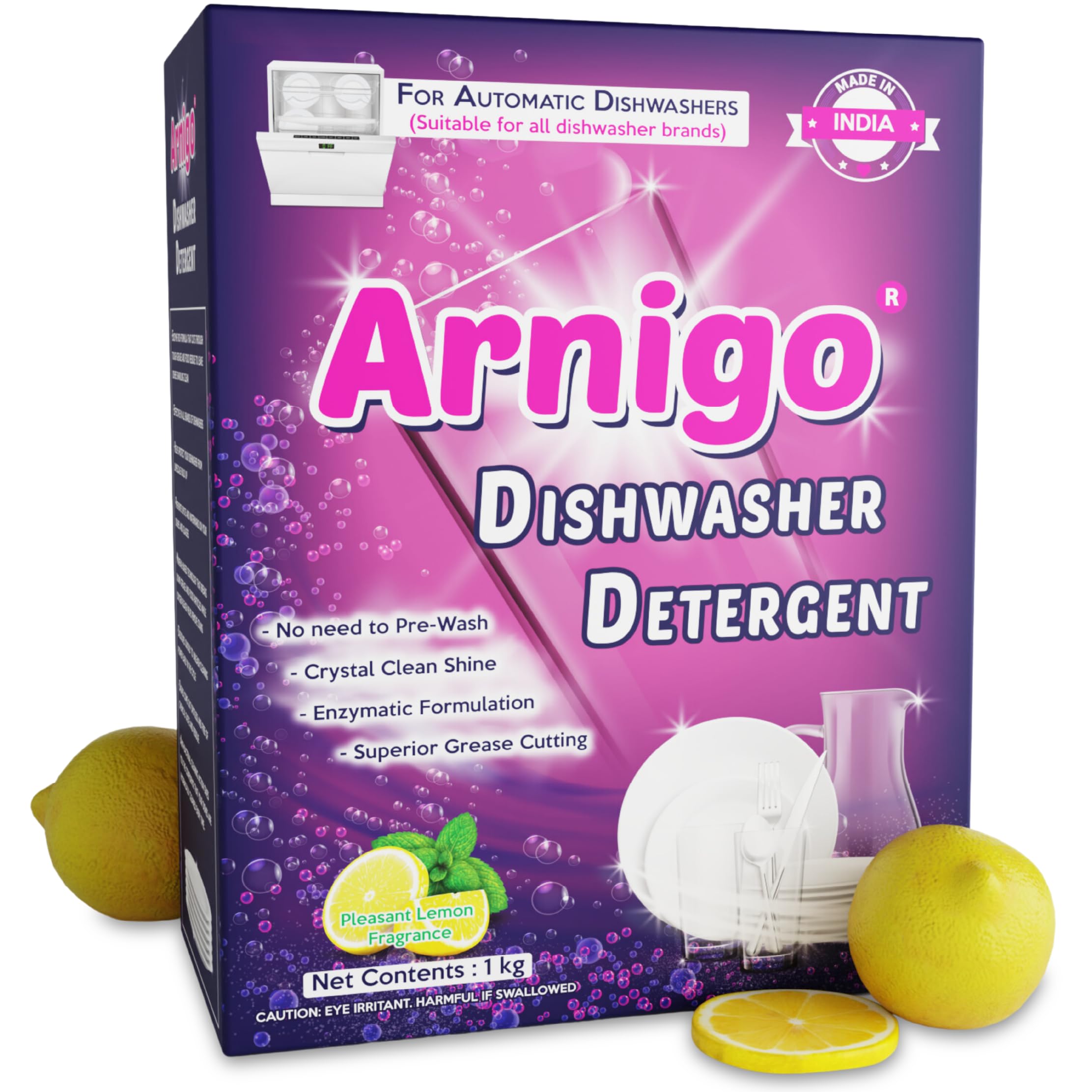 Arnigo Dishwasher Detergent Powder - Enzyme Rich Formula for All Brands | No Pre-wash Needed | Crystal Clean Shine with Mineral-based Technology (1kg) - Perfect for Daily Dishwashing & Hard Water Areas