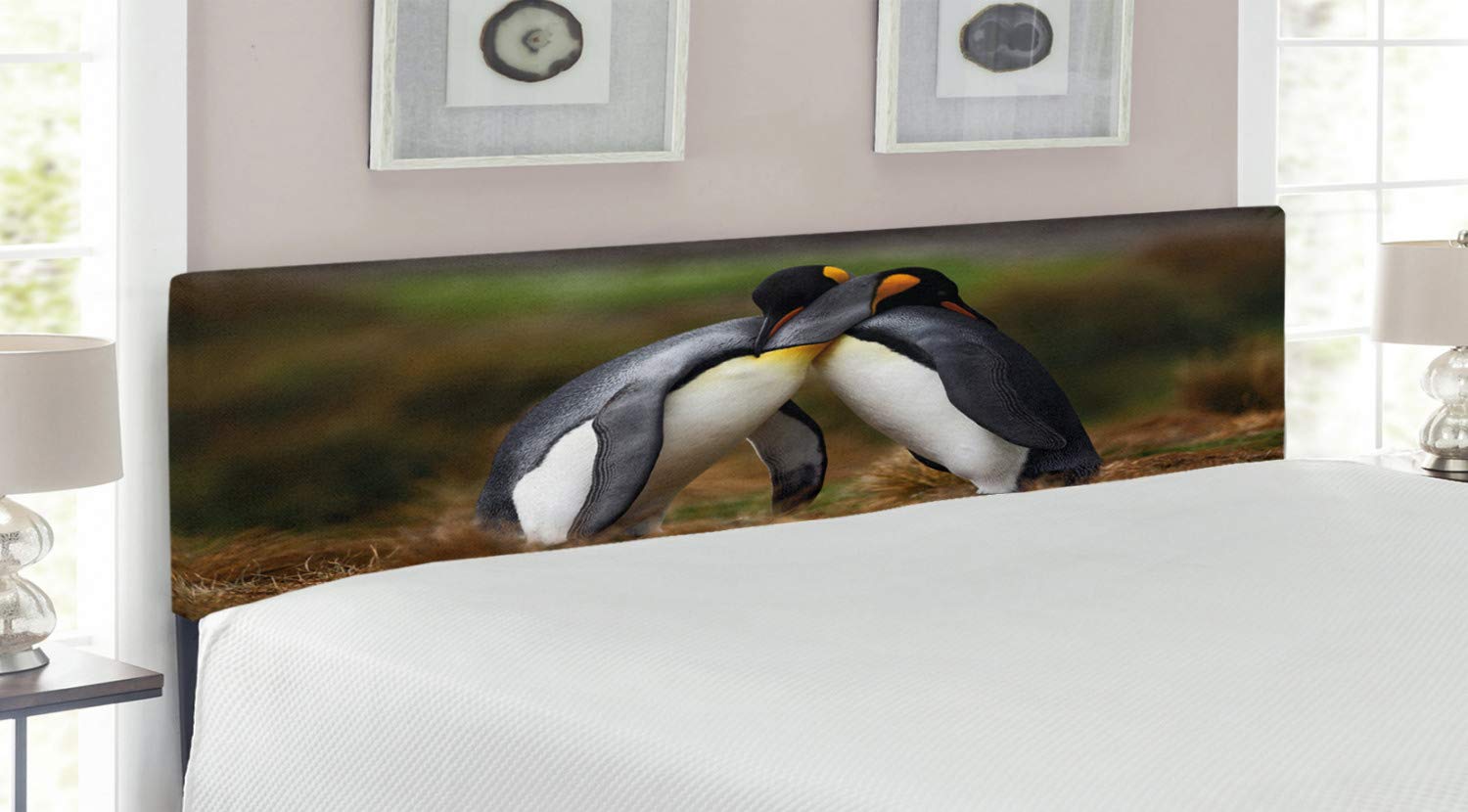 Ambesonne King Size Upholstered Metal Bed Headboard with Memory Foam - Penguin Couple Cuddling in Wild Nature Design, Multicolor Decorative Headboard for Romantic Bedroom Decor | Perfect for Master Bedroom, Guest Room & Cozy Home Decor