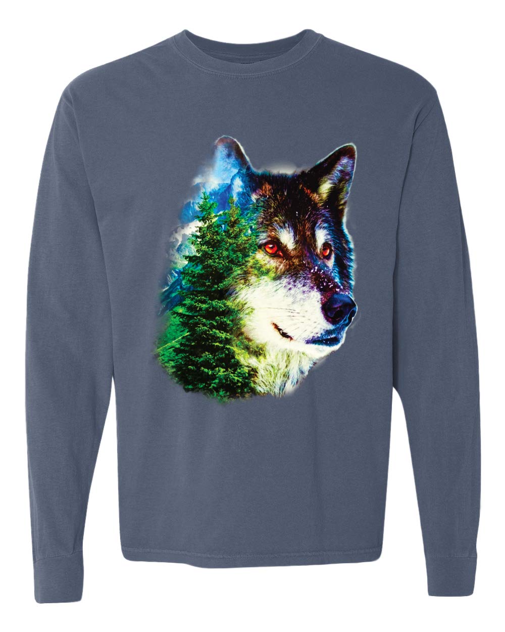 Earth Wolf Trees Mountains Nature Animal Lover Garment-Dyed Washed Look Long Sleeve T-Shirt | Eco-Friendly Casual Tee for Outdoor Adventures & Wildlife Enthusiasts