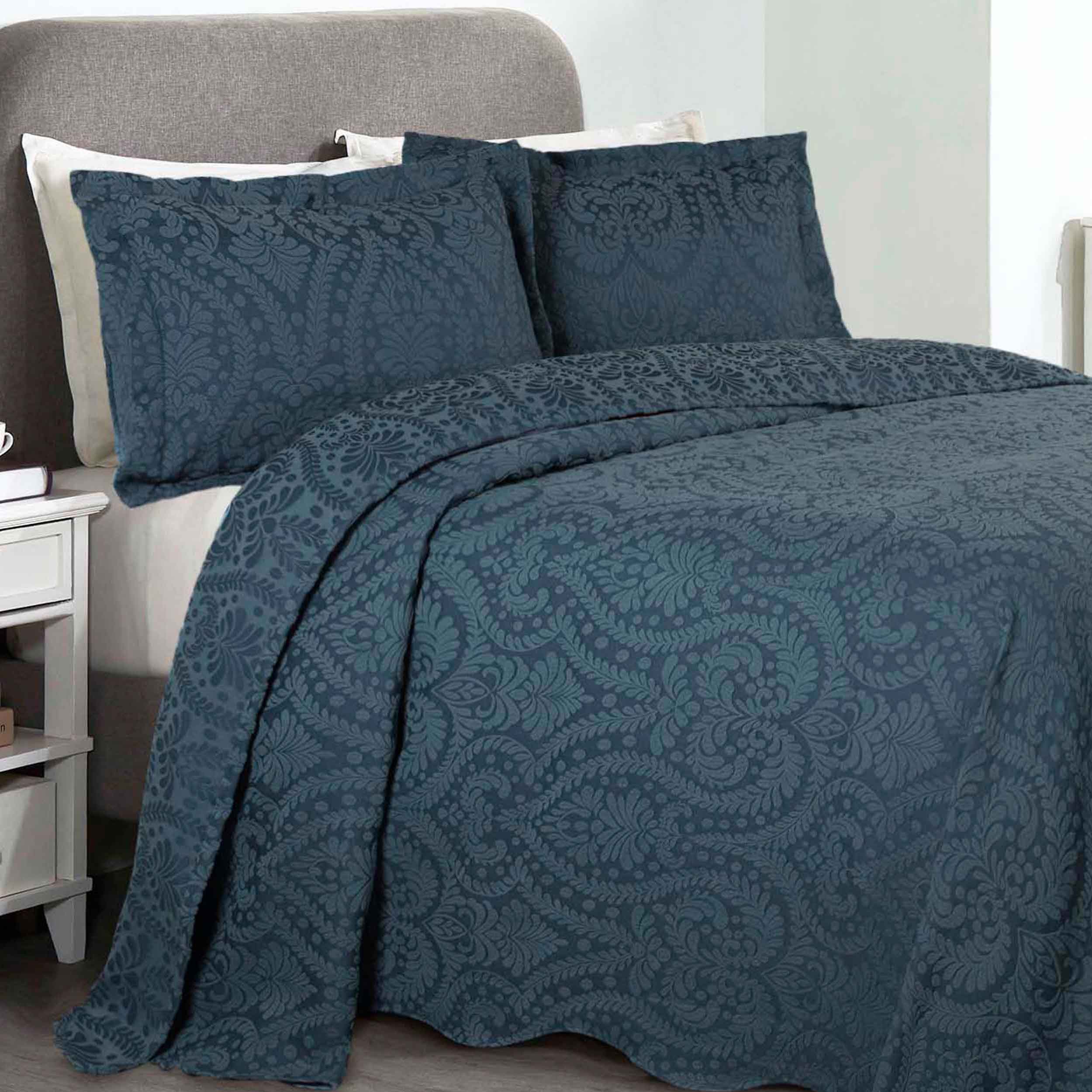Premium Aspen Cotton Blend Jacquard Woven Floral Bedspread Set with Scalloped Edges - Queen Size Luxury Bedding for Master Bedroom & Guest Room Decor