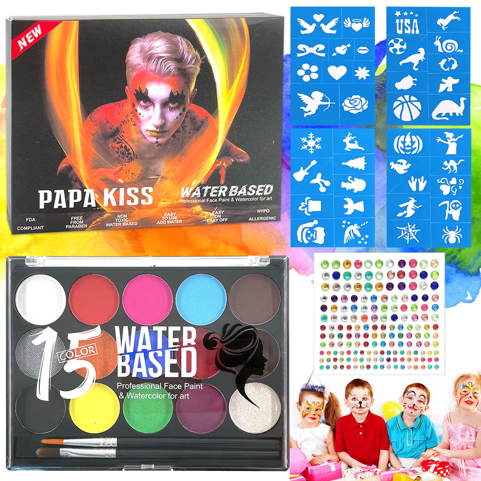 Kids Face & Body Paint Kit - 15 Colors with 4 Stencils & 2 Brushes for Halloween & Carnival Makeup
