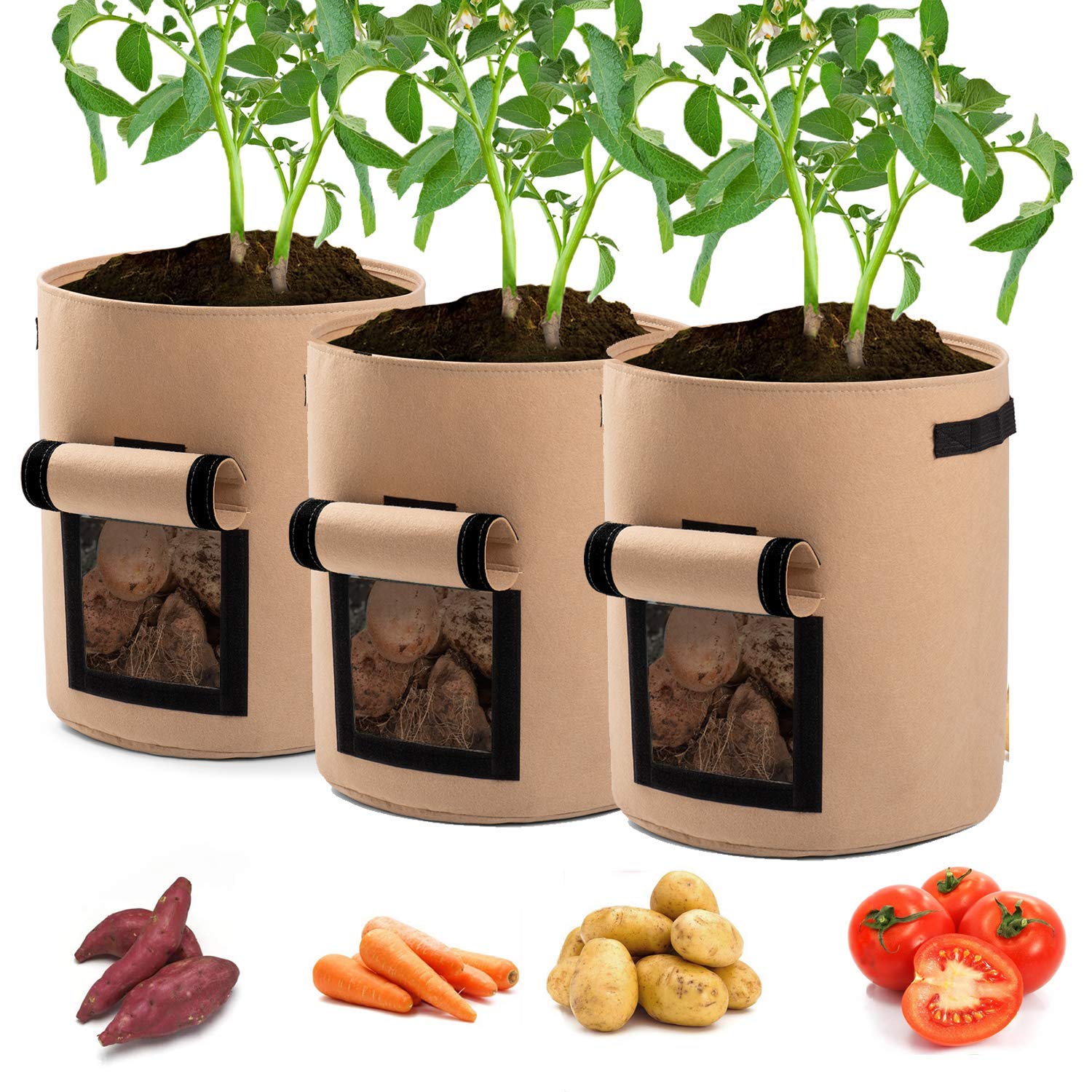 10 Gallon Potato Planter Bags 3-Pack - Breathable Grow Bags for Tomatoes, Vegetables & Plants with Handles & Access Flap (Tan) - Ideal for Home Gardening, Balcony Farming & Indoor Planting