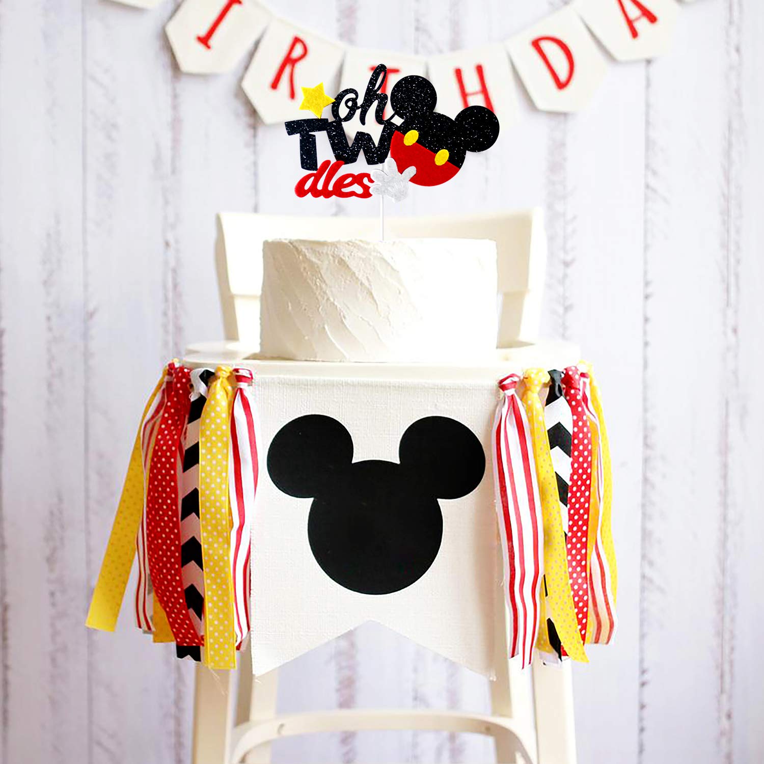 Mickey Mouse Inspired Glitter Twodels for 2nd Birthday Party Decorations - Black & Red Cake Table Decor - Perfect for Disney Themed Celebrations & Kids Birthday Parties