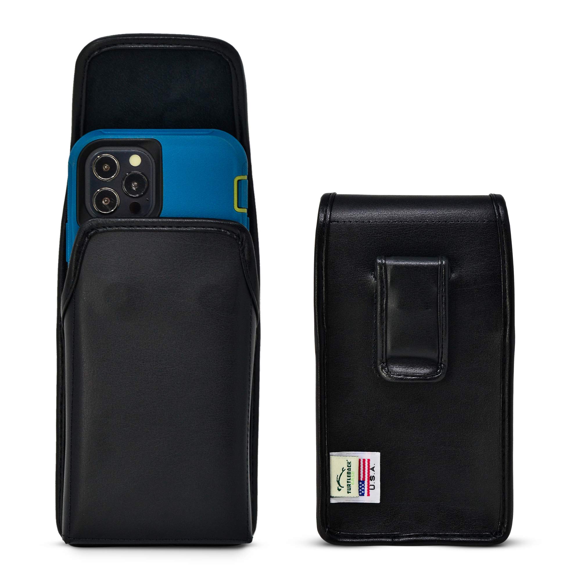 Premium Leather Phone Holster for iPhone 16 Pro/15 Pro/14 Pro/13 Pro - Black Belt Clip Pouch with Magnetic Closure for Bulky Cases | Durable Leather Phone Holder for Work, Hiking & Outdoor Activities