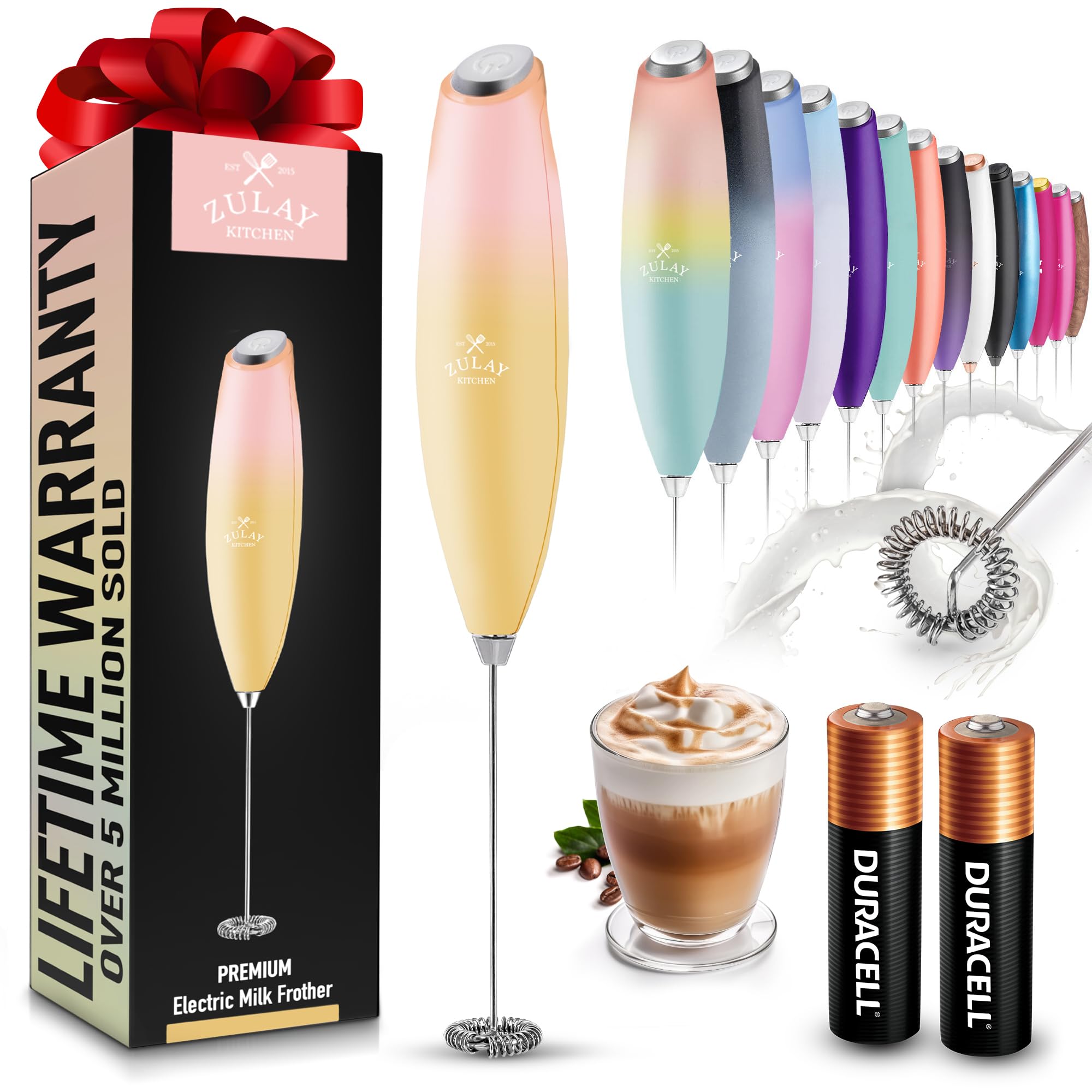 Zulay Kitchen Electric Milk Frother Wand - Handheld Battery-Powered Drink Mixer for Coffee, Matcha, Frappe & Hot Chocolate (Includes 2 Duracell Batteries) - Perfect for Lattes, Cappuccinos, Smoothies & Cocktails at Home or Café