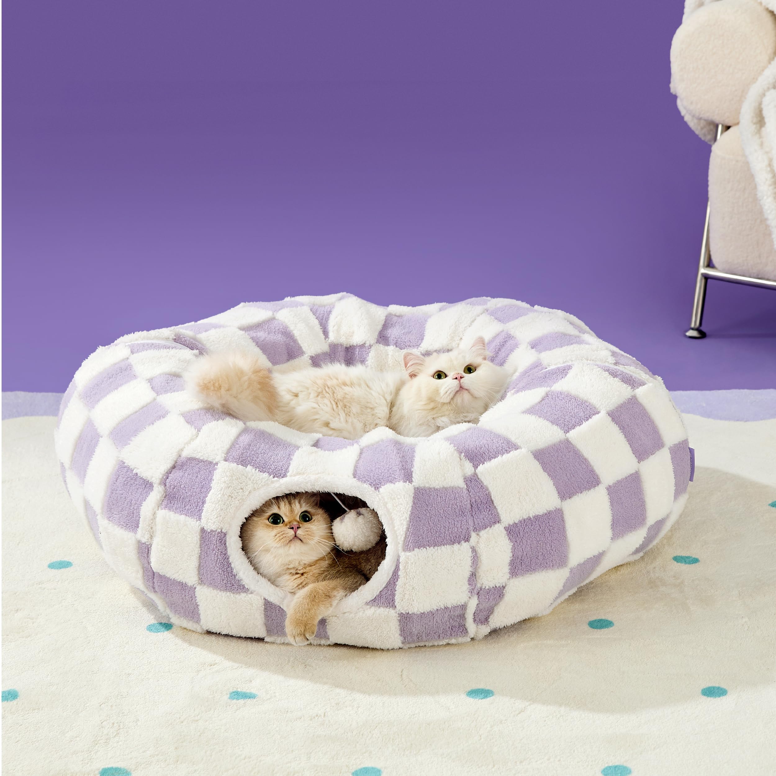 Lesure Cat Tunnel Bed for Indoor Cats - Washable Donut Tunnel with Cushion, Round Peekaboo Hideaway Toy for Kittens, Puppies & Rabbits (Purple) - Perfect for Playtime, Napping & Indoor Pet Adventures