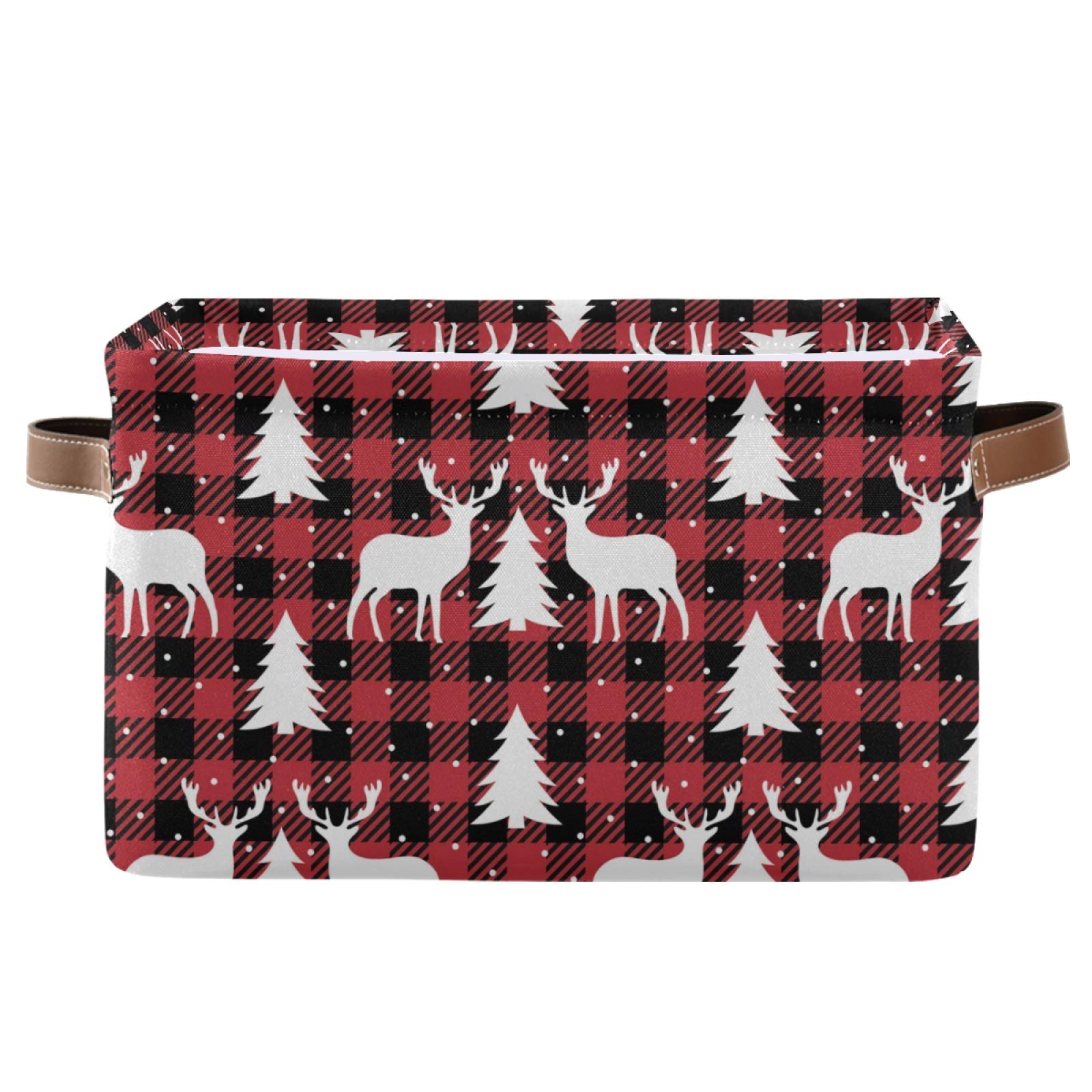 Christmas & New Year Red Plaid Snowflake Printed Collapsible Storage Basket with Leather Handles - Foldable Fabric Storage Bin Organizer for Clothes, Toys, Nursery, Home & Office (1-Piece) - Perfect Holiday Gift & Home Organization Solution