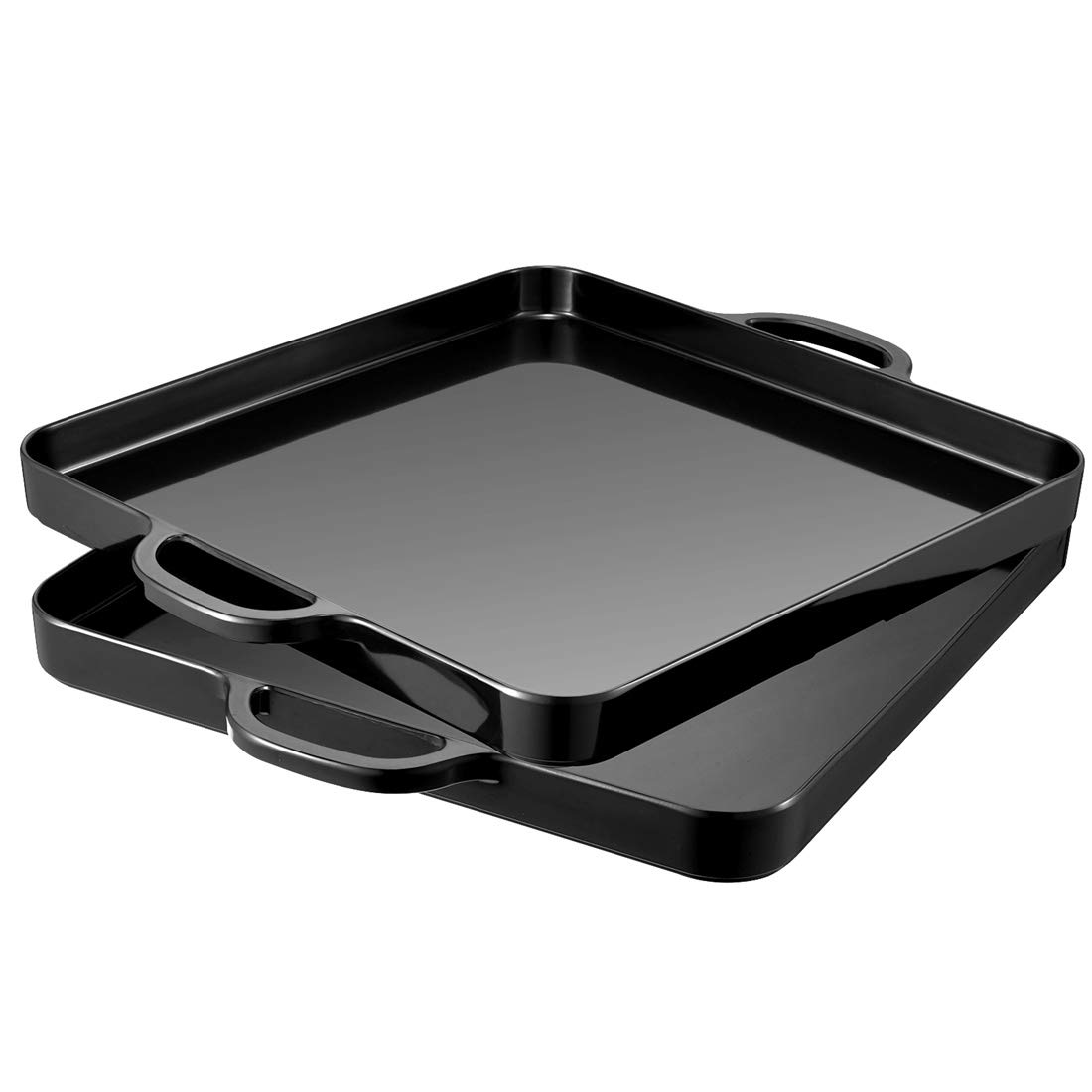 HSDT 12.5x12.5 Inch Square Melamine Serving Trays with Handles - Set of 2 Spill-Proof Black Kitchen Trays for Cafeteria, Restaurant, Home Use - Perfect for Appetizers, Desserts, Snacks, Breakfast, Lunch & Dinner Serving