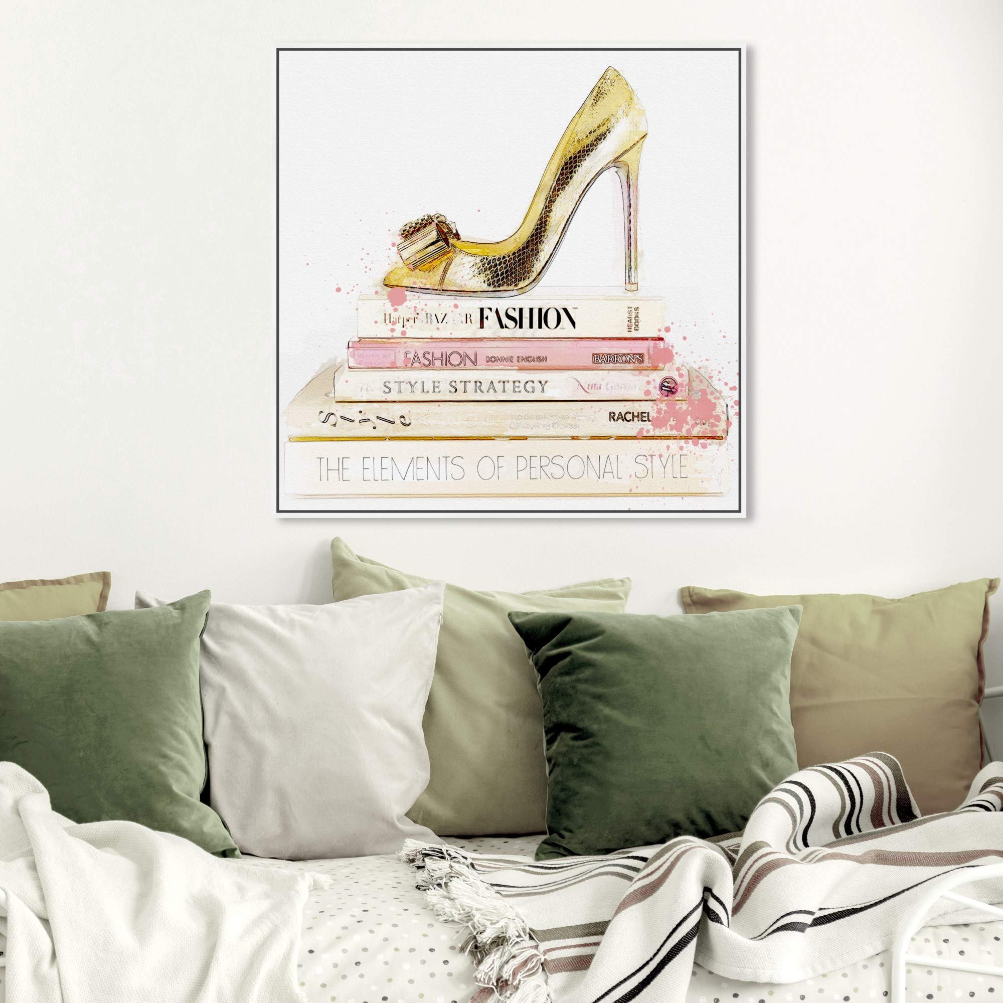Oliver Gal Artist Co. Fashion & Glam Framed Wall Art Canvas Prints - Shoe & Blush Books Home Décor - 30x30 Inches Gold & White - Perfect for Living Room, Bedroom & Office Decor