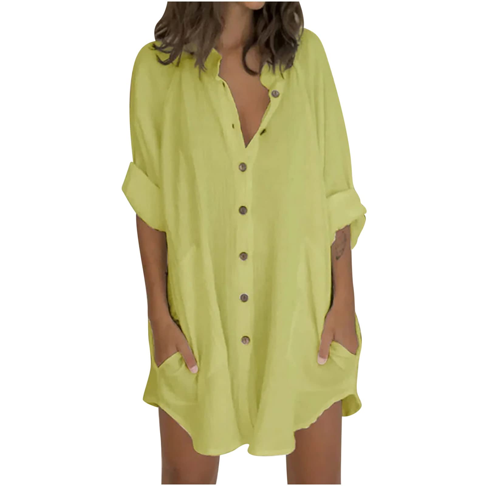 Howley Women's Cotton Linen Summer Dress - White Button Down Casual Mini Sundress with Pockets & Short Sleeve | Perfect for Beach Outings, Picnics, and Summer Vacations