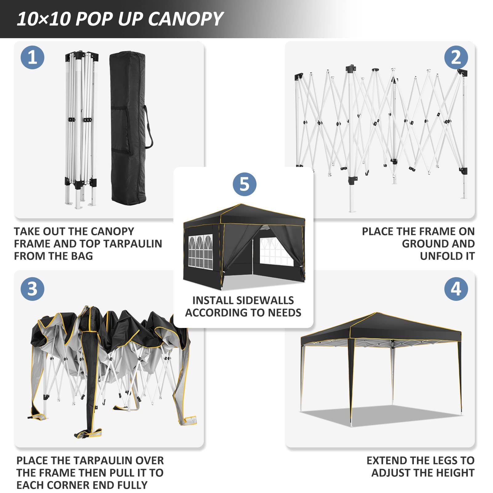 COBIZI 10x10 Pop Up Canopy Tent - Portable Instant Shelter with 4 Sidewalls, Carry Bag, Stakes & Ropes - Perfect for Beach Camping, Backyard Parties, Outdoor Events, Farmers Markets & Sun Protection (Black)