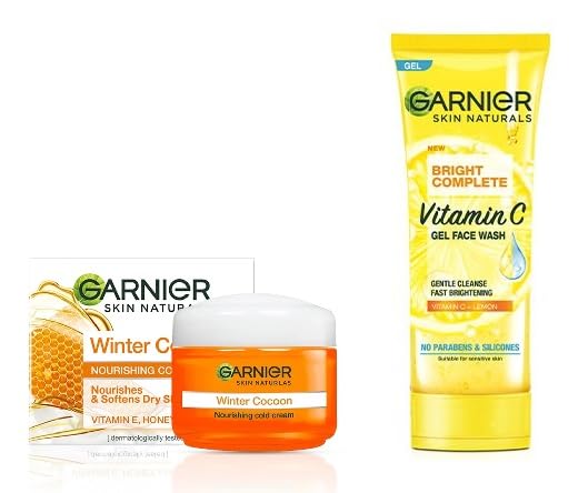Garnier Winter Cocoon Winter Care Cream 18g & Bright Complete Vitamin C Gel Face Wash 50g - Hydrating Skincare Set for Dry Winter Skin | Perfect for Cold Weather Face Routine & Daily Glow Boost
