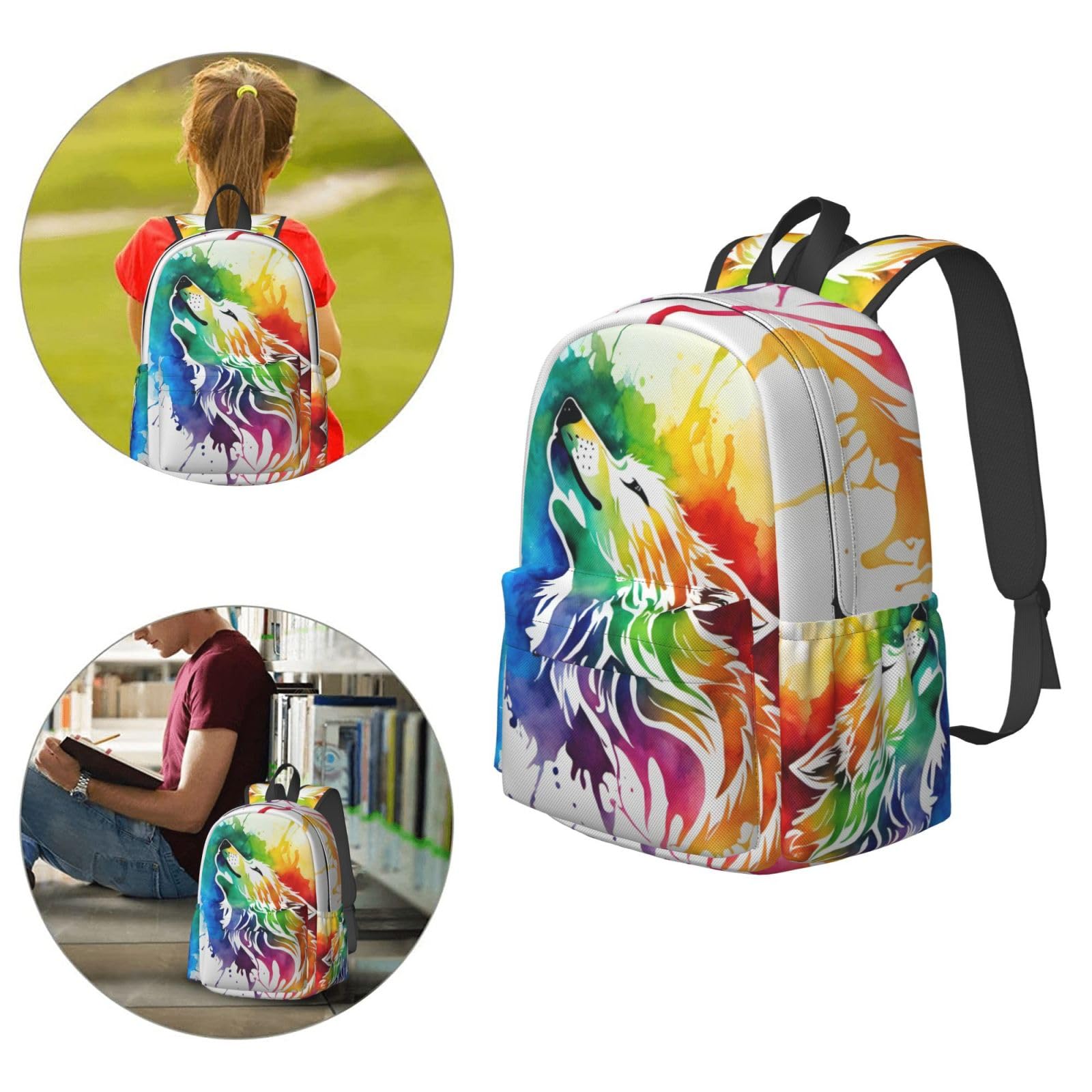 16 Inch Tie Dye Colorful Howl Wolf Laptop Backpack - Waterproof Full Print School Bookbag & Travel Daypack for Men Women - Perfect for College, Work, Hiking & Daily Commute