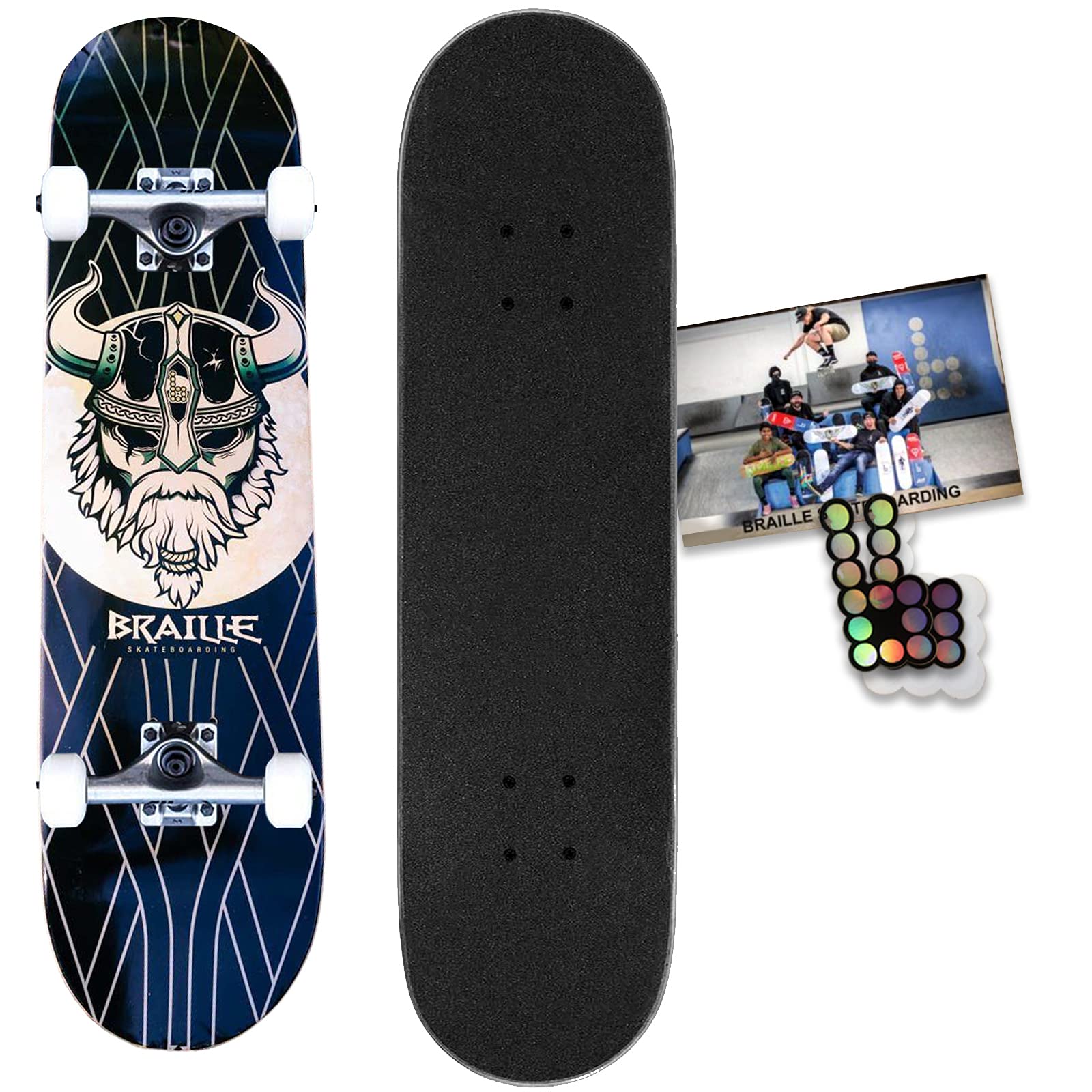Braille Complete Pro Skateboard for Girls, Boys, Kids & Adults - Fully Assembled with Poster & Stickers - Perfect for Beginners, Teens & Youth - Great for Street Skating, Park Riding & Commuting