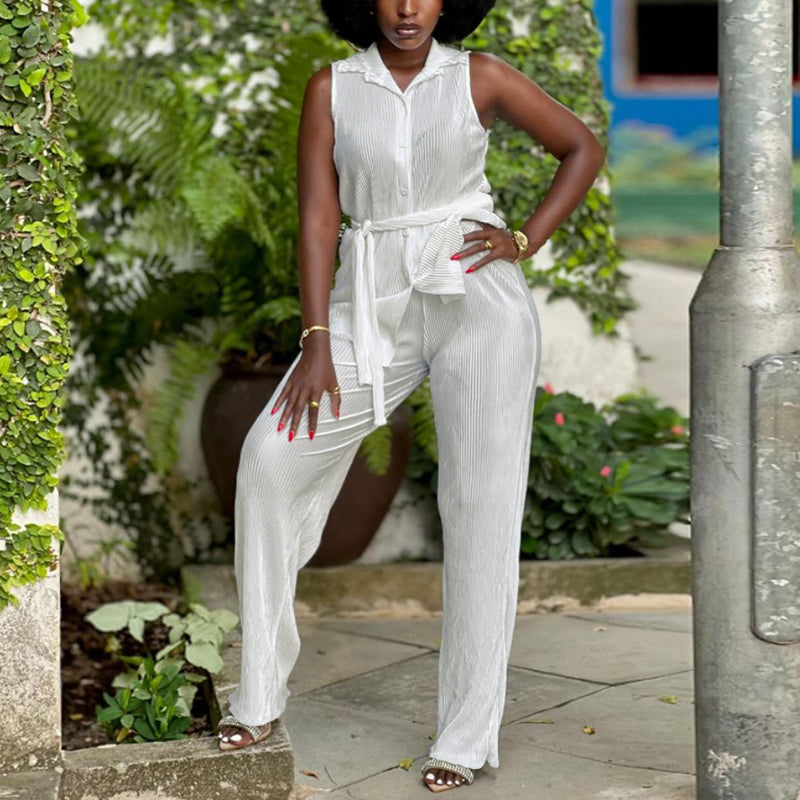 Women's Sleeveless Pleated Jumpsuit - Casual Summer Romper for Beach, Vacation & Outdoor Activities