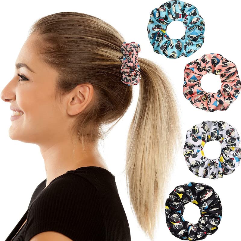 12 Pcs Pug Dog Print Hair Scrunchies - Elastic Hair Bands for Women & Girls - Cute Dog Pattern Hair Ties for School, Work, Gym & Daily Styling