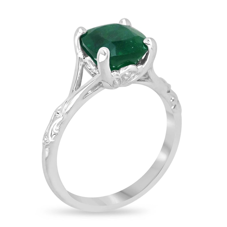 2.73ct Dark Green Cushion Cut Natural Emerald Platinum Engagement Ring for Women - Elegant Floral Design Perfect for Proposals, Weddings & Anniversary Gifts