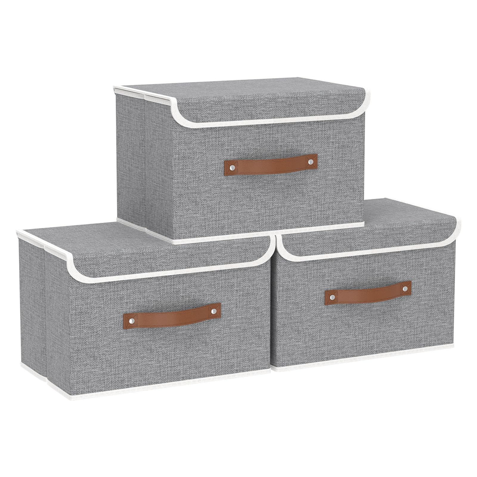 Yawinhe 3-Pack Collapsible Storage Bins with Lids - Foldable Fabric Cube Organizer Baskets with Leather Handles, Washable Grey Closet & Home Storage Boxes (15
